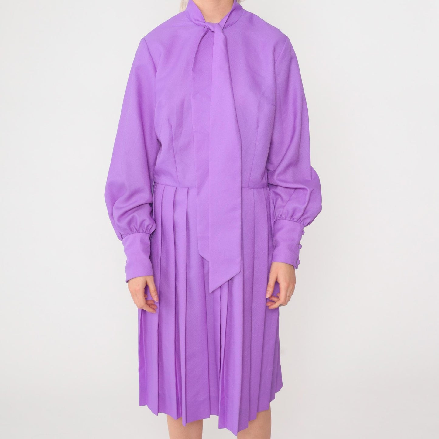 70s Purple Ascot Midi Dress Long Sleeve High Waist Pleated Medium 8