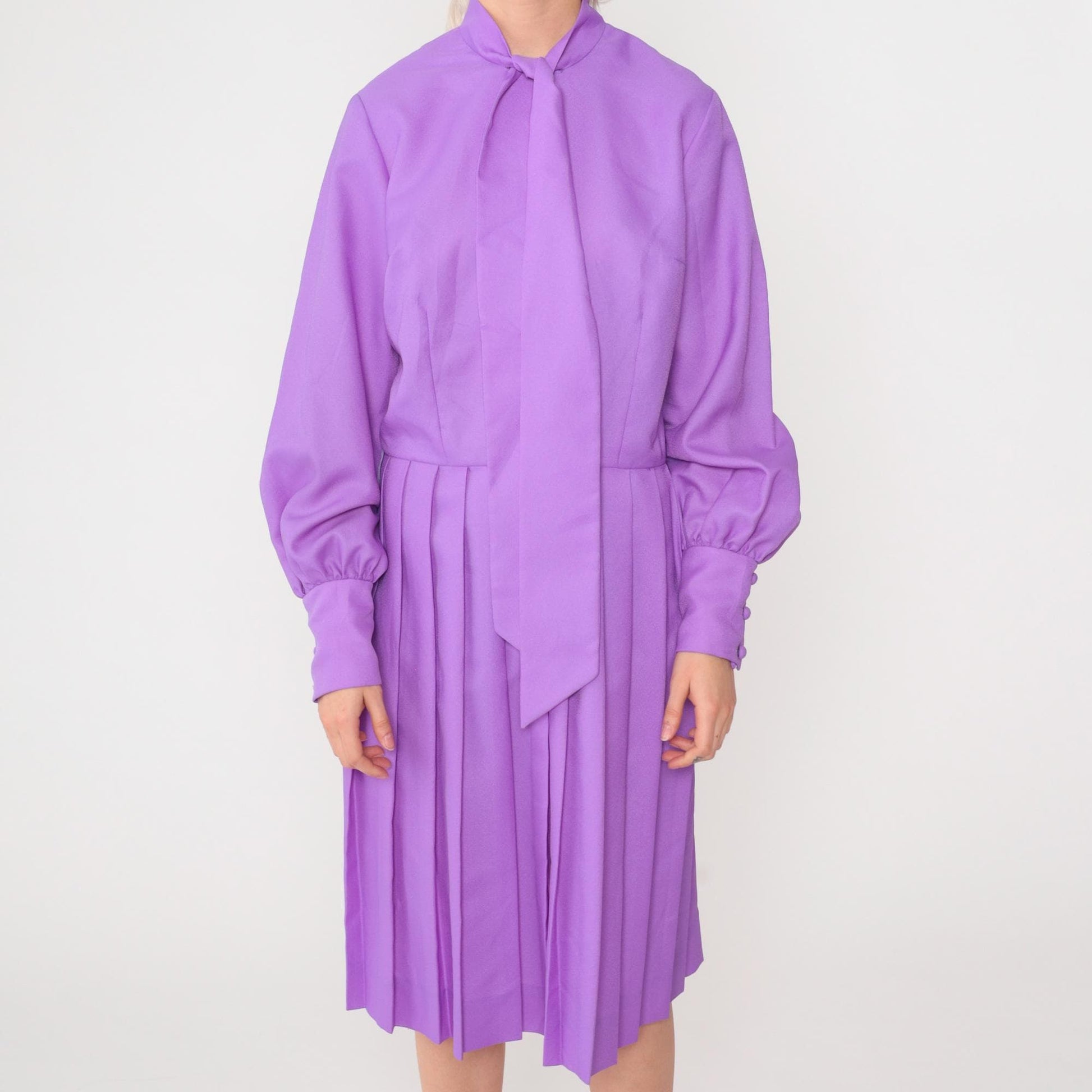 70s Purple Ascot Midi Dress Long Sleeve High Waist Pleated Medium 8