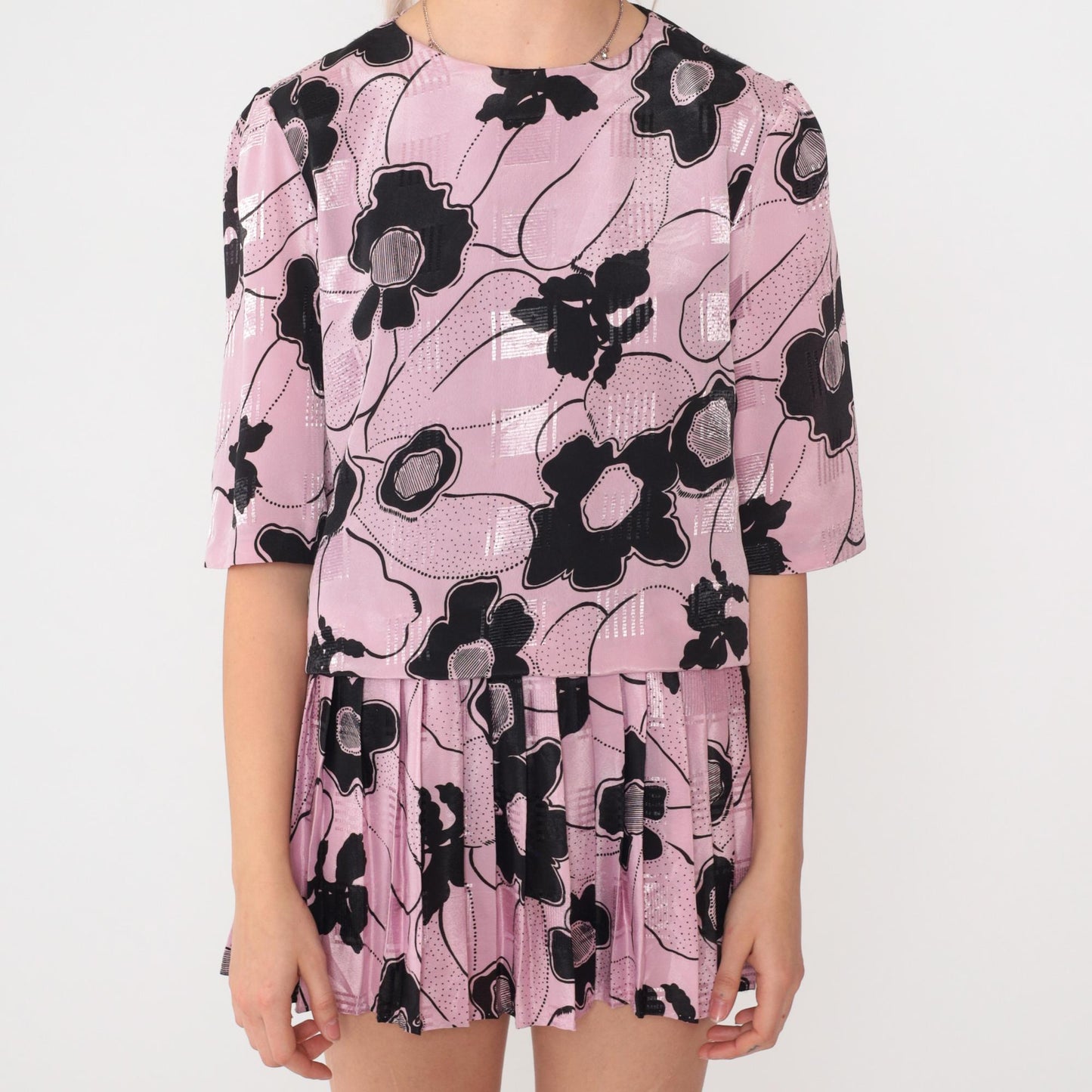 80s Pink Floral Micro Mini Dress Puff Sleeve Drop Waist Petite Small