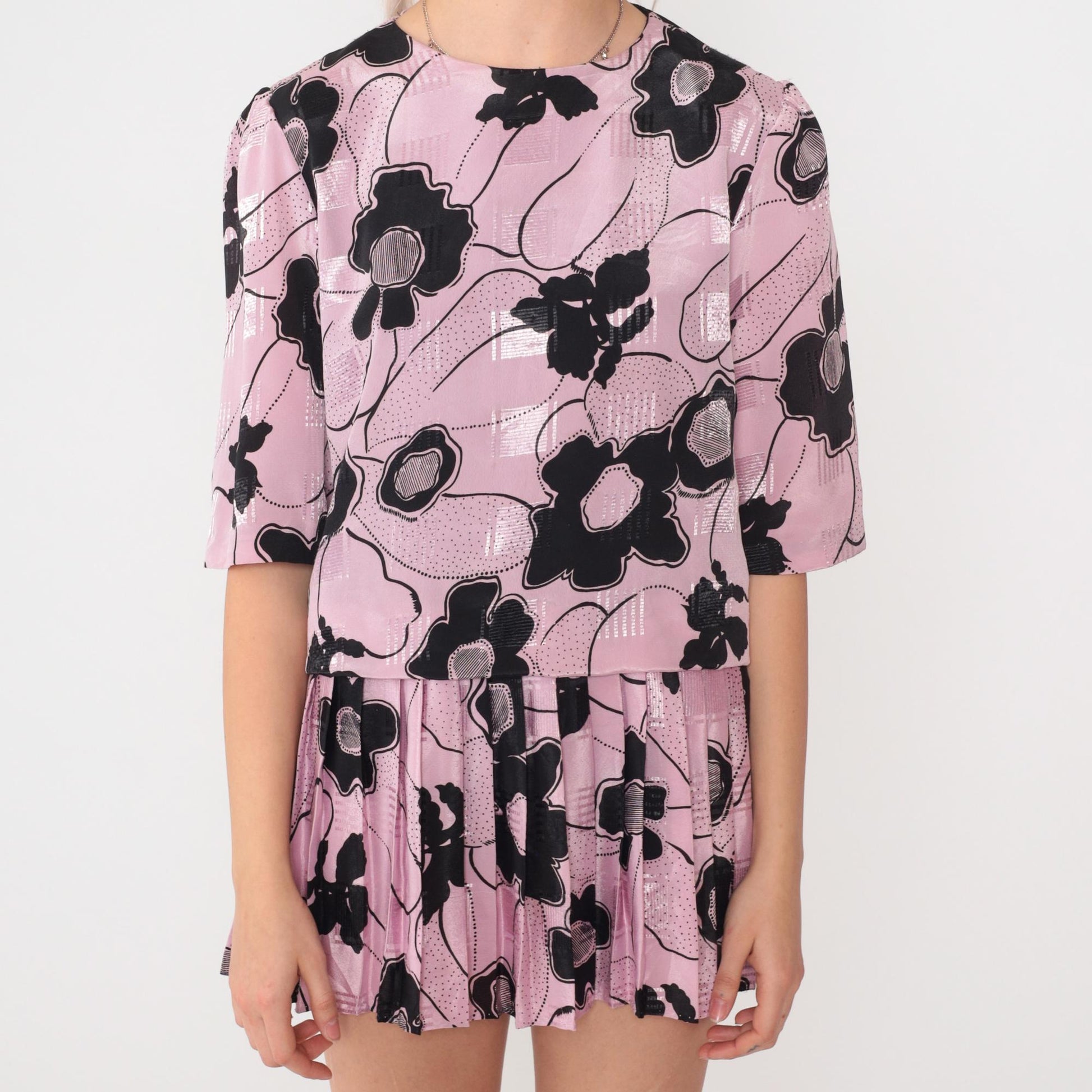 80s Pink Floral Micro Mini Dress Puff Sleeve Drop Waist Petite Small