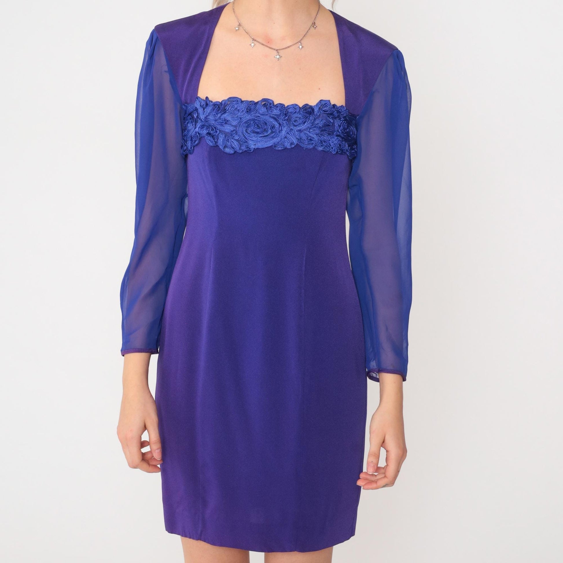 90s Purple Floral Soutache Mini Dress Keyhole Back Chiffon Sleeve Extra Small
