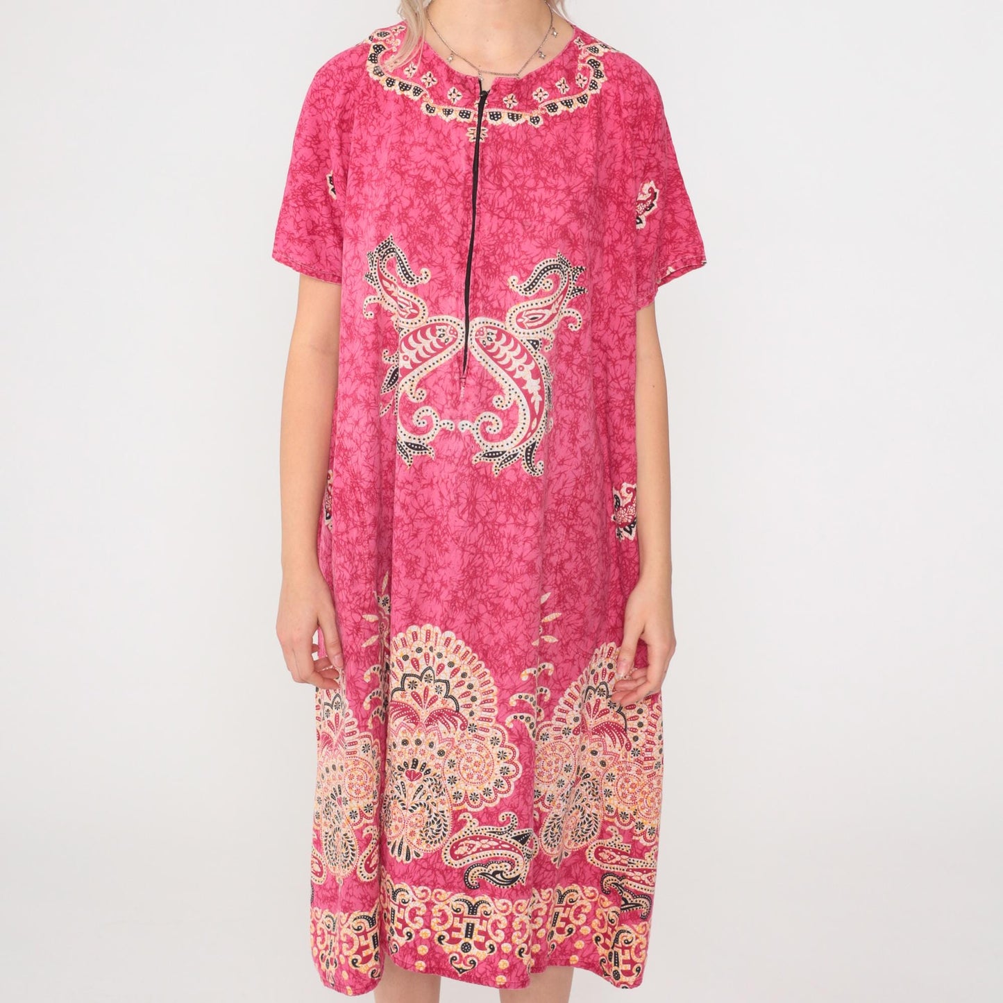 90s Pink Batik Paisley Midi Dress Front Zipper Shift Short Sleeve Large L