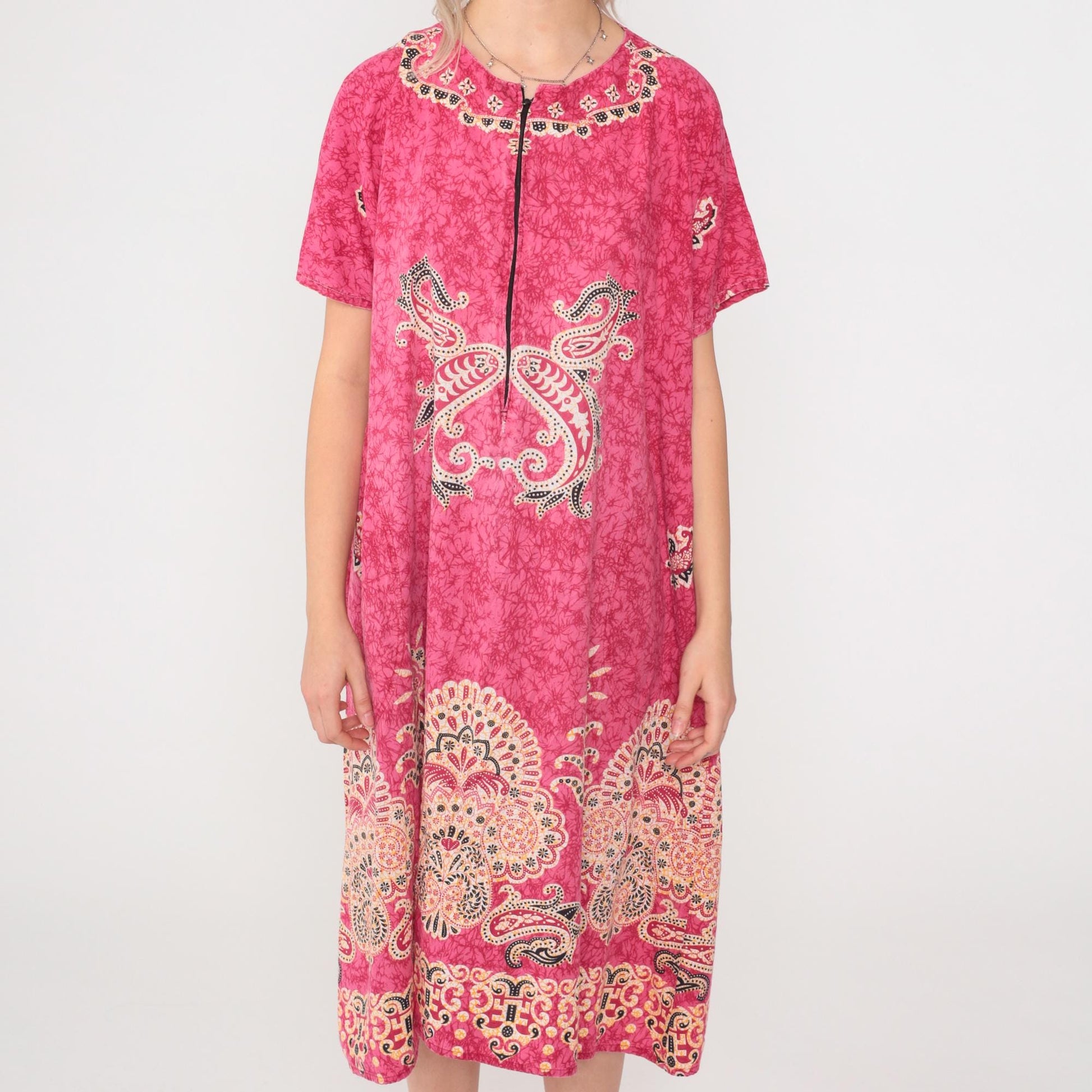 90s Pink Batik Paisley Midi Dress Front Zipper Shift Short Sleeve Large L