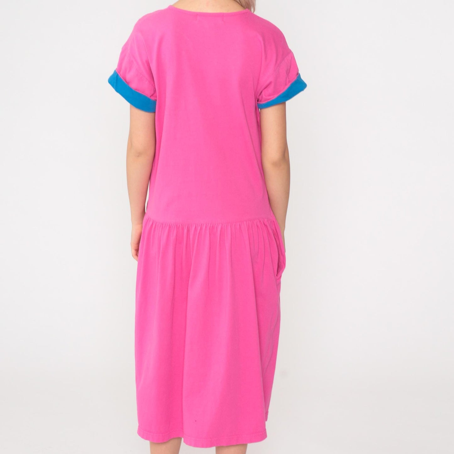 90s Jones Wear Fuchsia T-Shirt Dress Cotton Chest Pocket Drop Waist Midi Medium