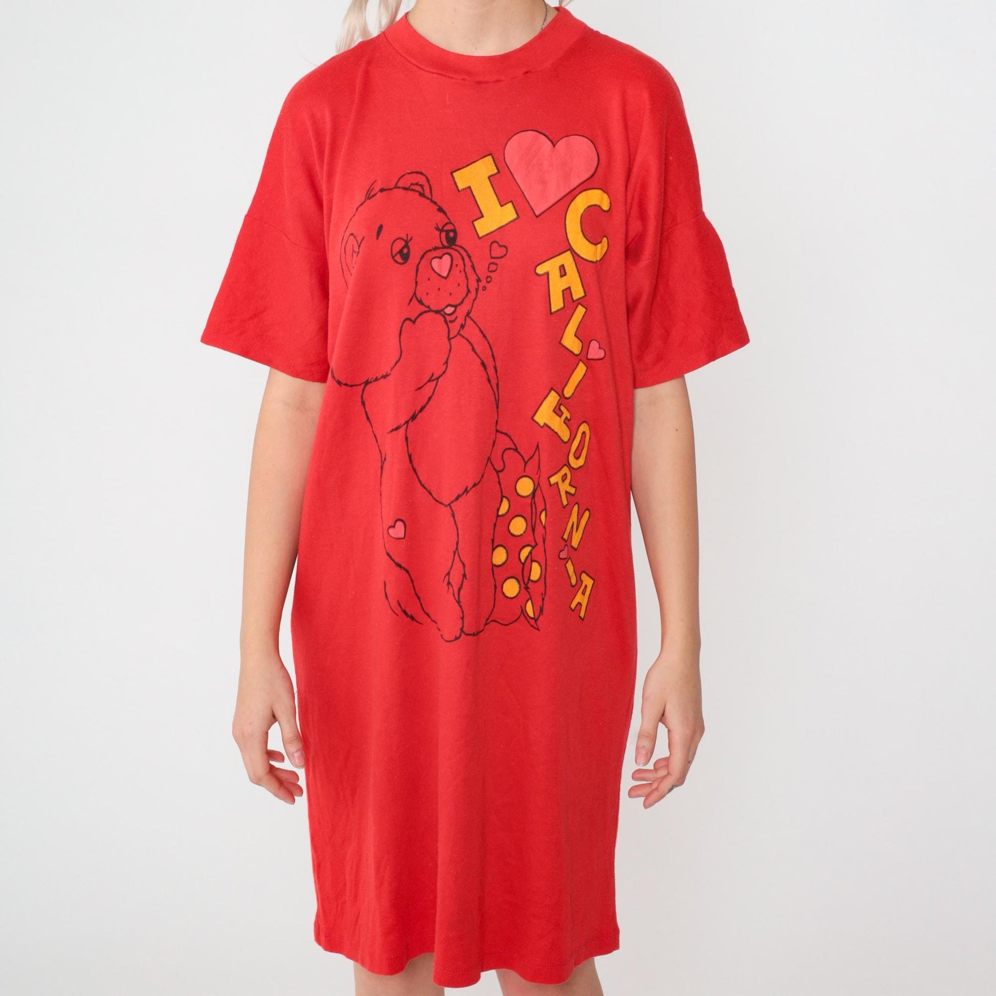 80s Teddy Bear I Heart California T-Shirt Dress Midi Red Graphic Nightgown Medium