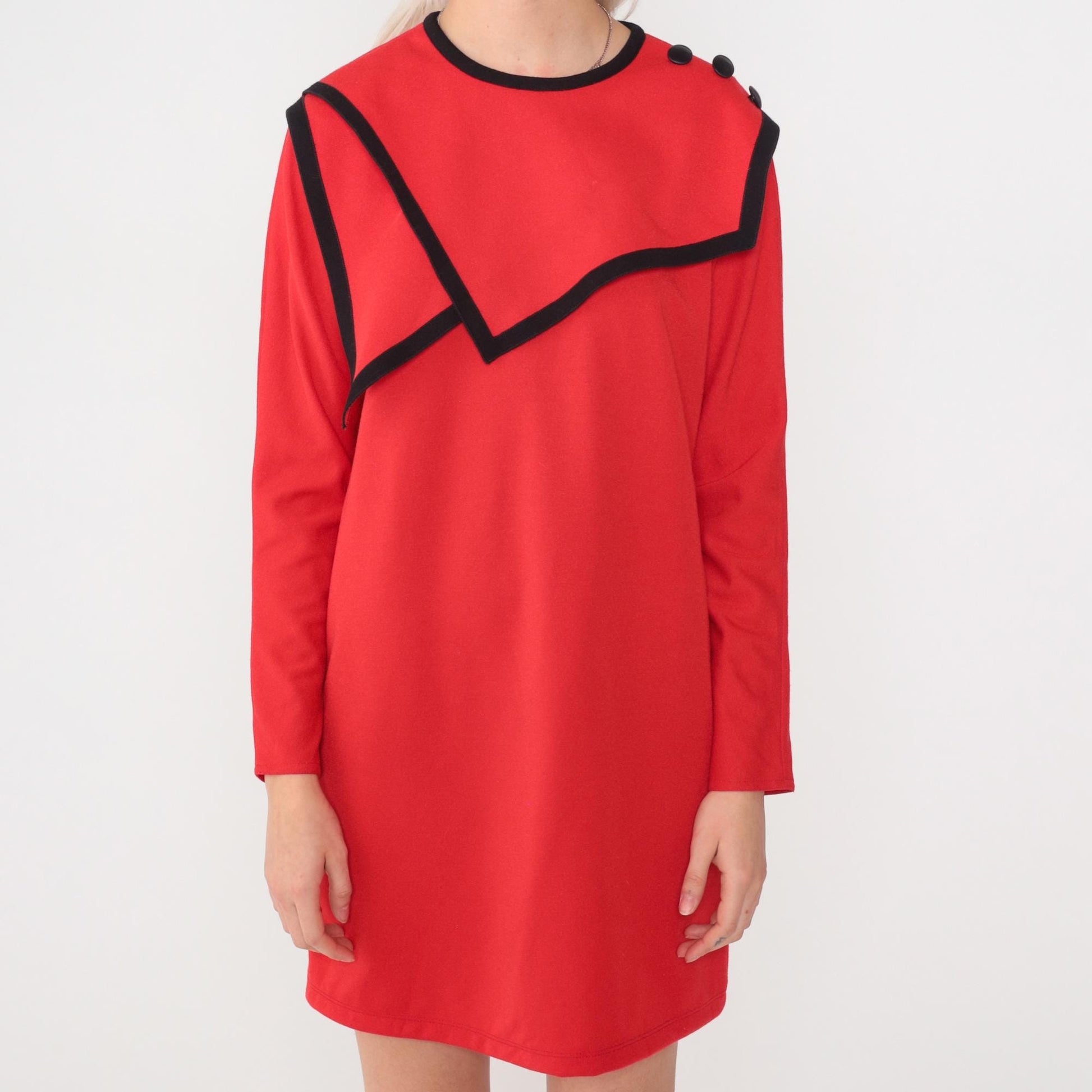 80s Leslie Fay Red Mini Dress Asymmetrical Sailor Collar Long Sleeve Medium