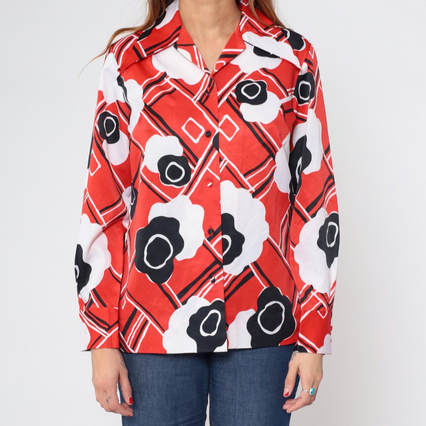 70s Print Bazaar Red Checkered Floral Button-Up Blouse Dagger Collar Medium