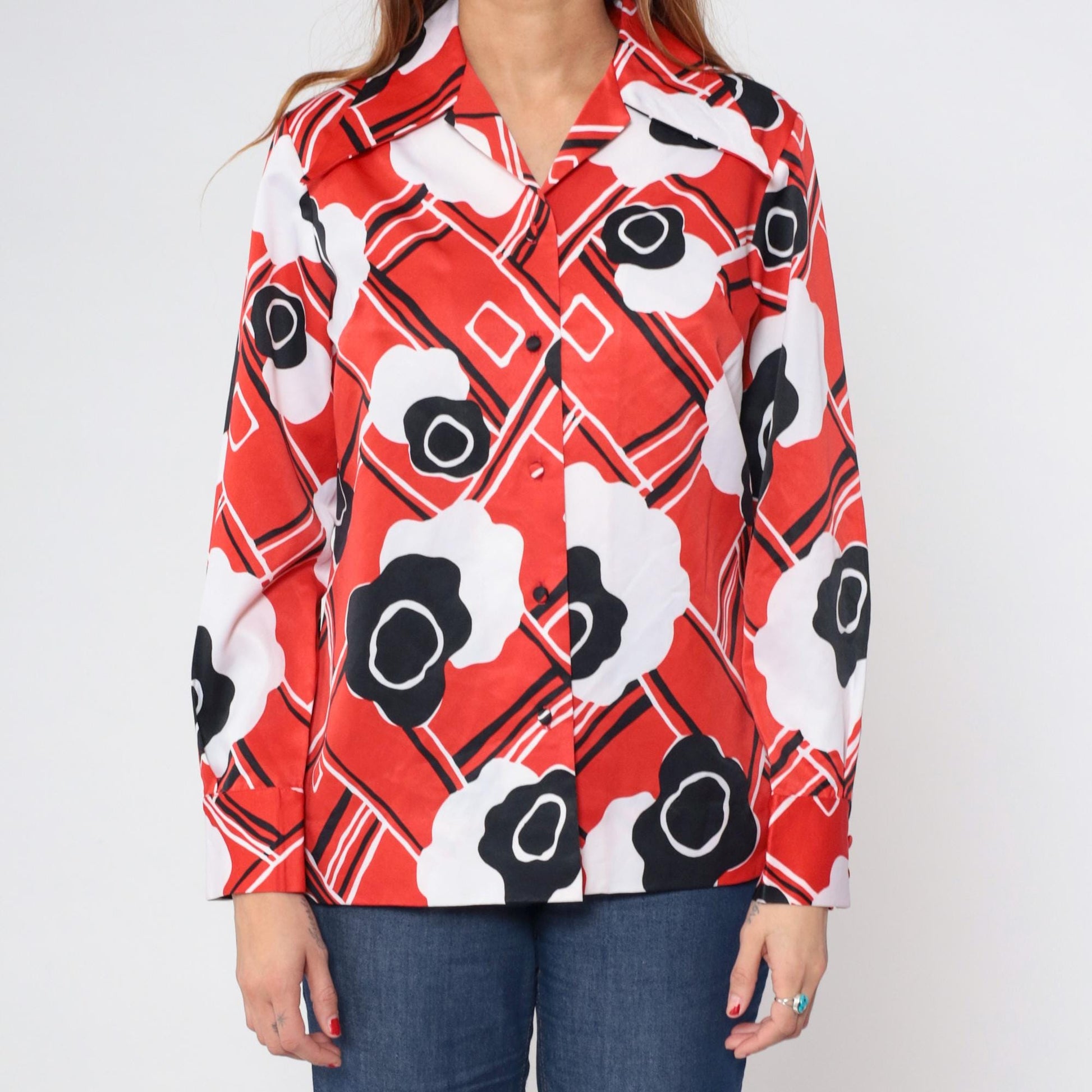 70s Print Bazaar Red Checkered Floral Button-Up Blouse Dagger Collar Medium