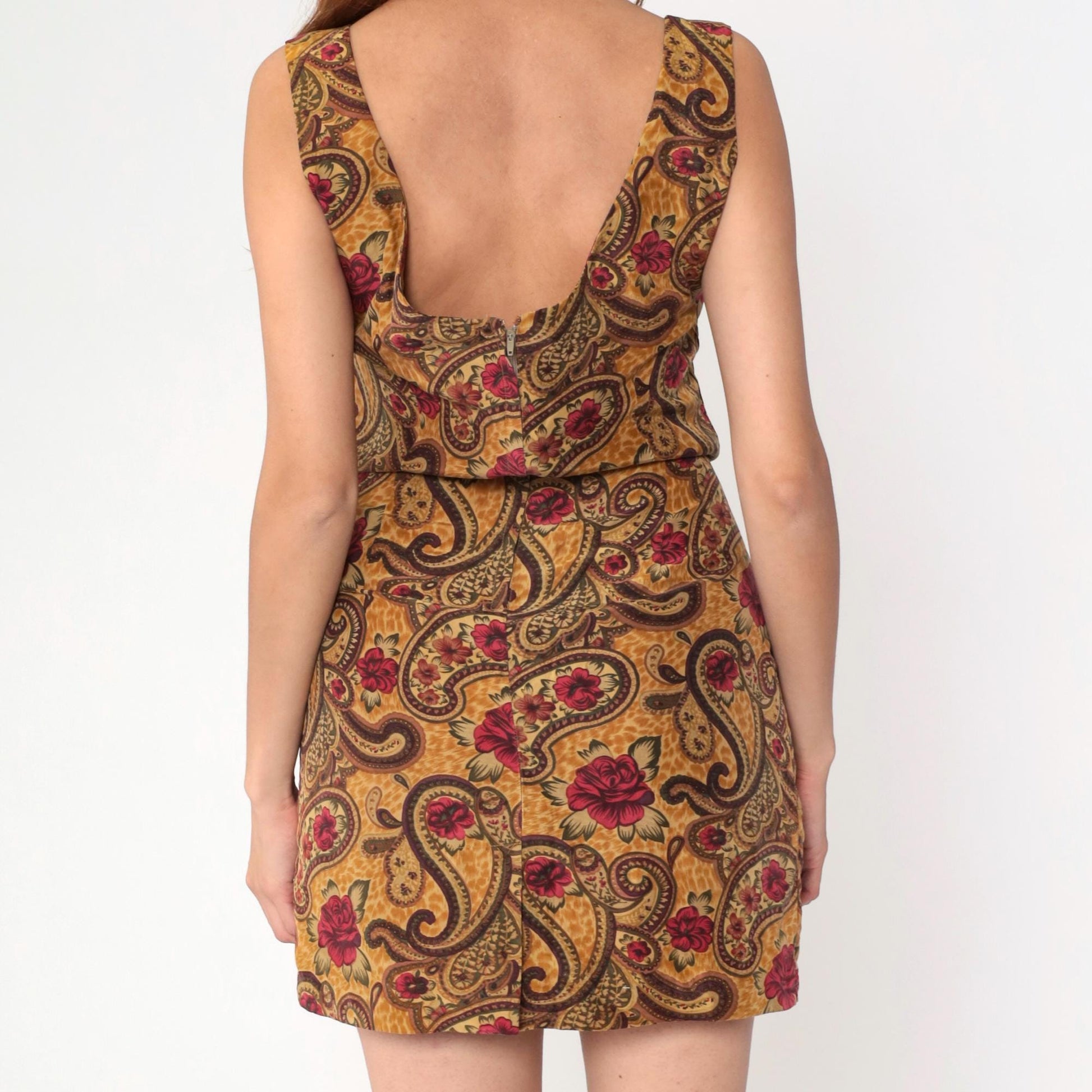 90s Forenza Silk Mini Dress Gold Floral Paisley Wrap Waist Sleeveless Medium