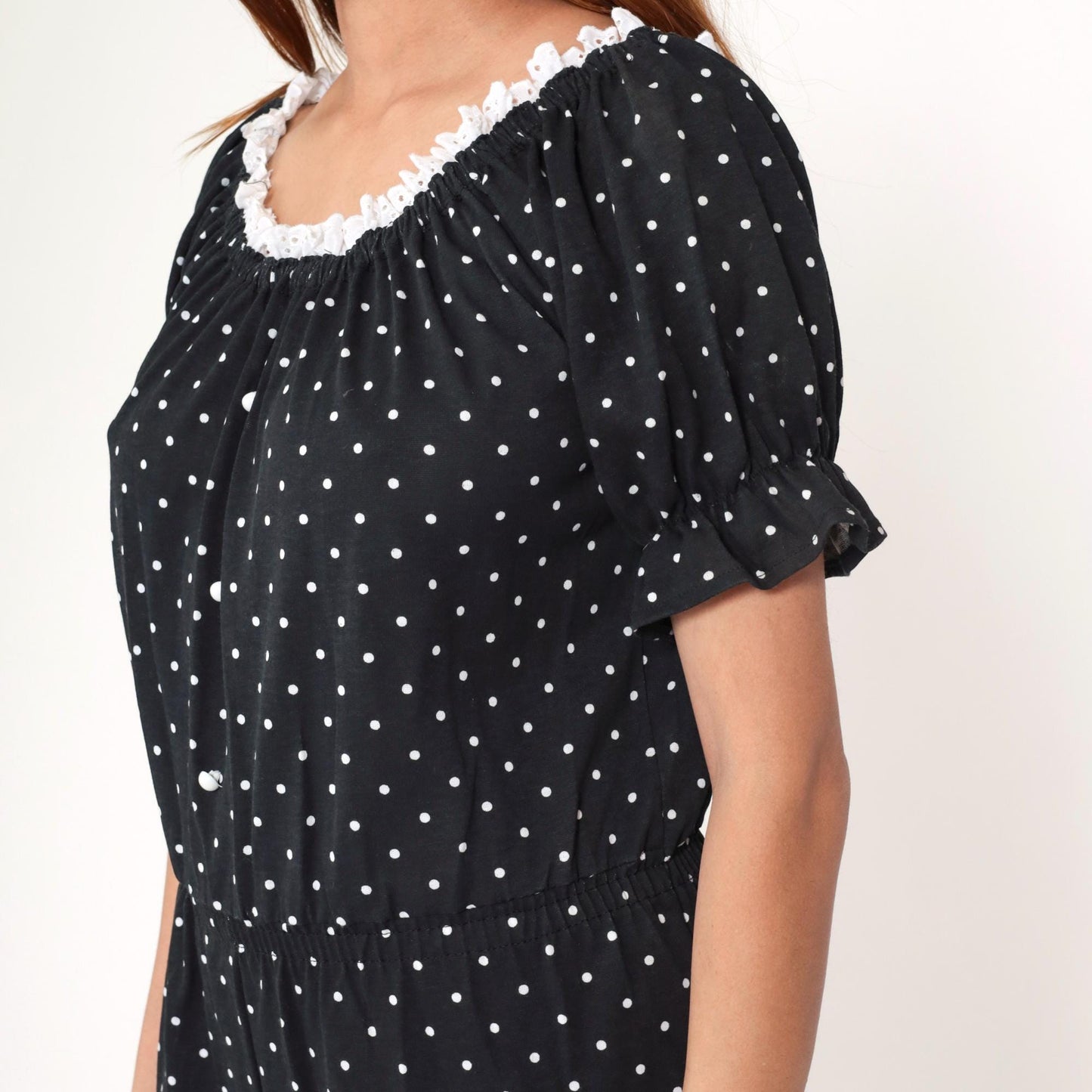 80s Black White Polka Dot Romper Eyelet Lace Puff Sleeve Playsuit Small