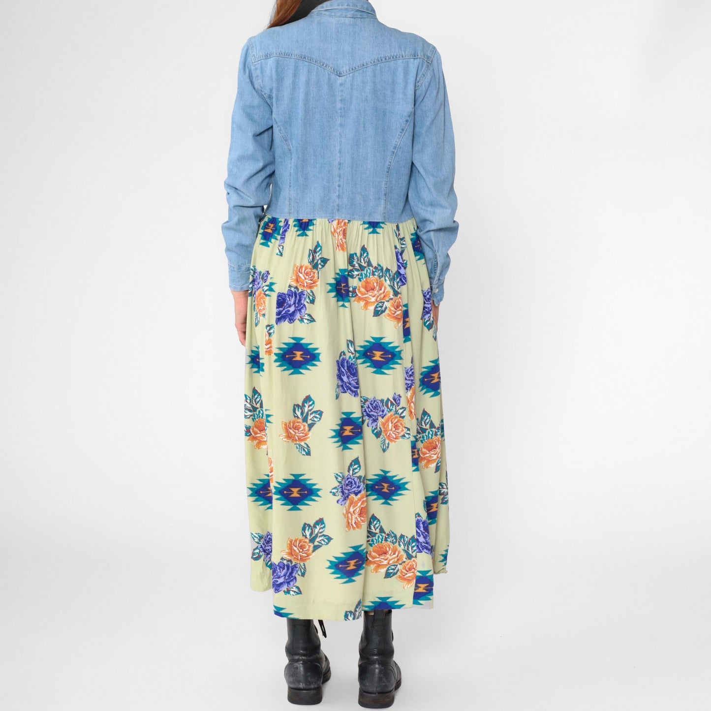 90s Floral Denim Maxi Dress Blue Chambray Southwest Button-Up Small