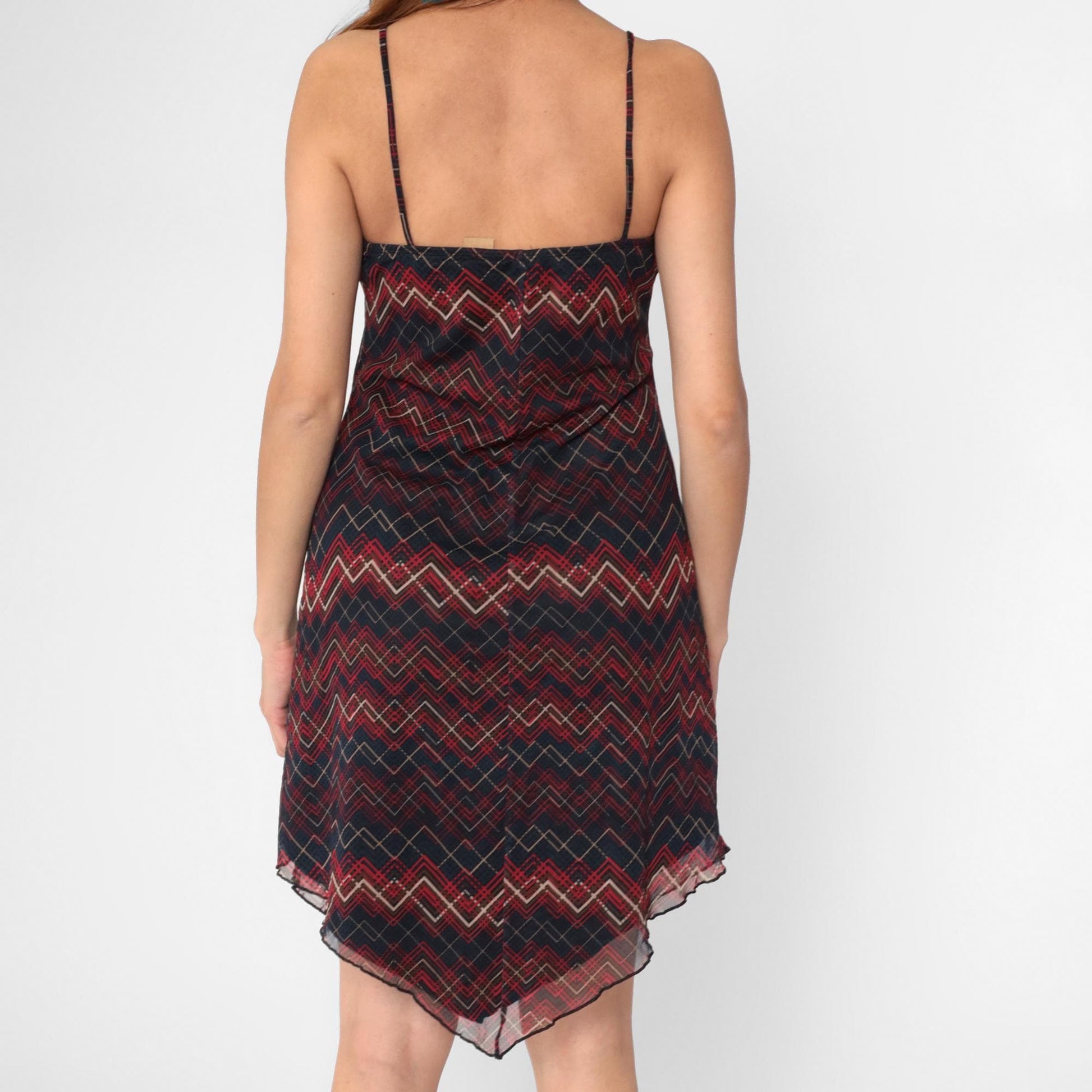 Y2K Xhiliration Zig Zag Striped Mesh Mini Dress Sweetheart Hanky Hem Large L