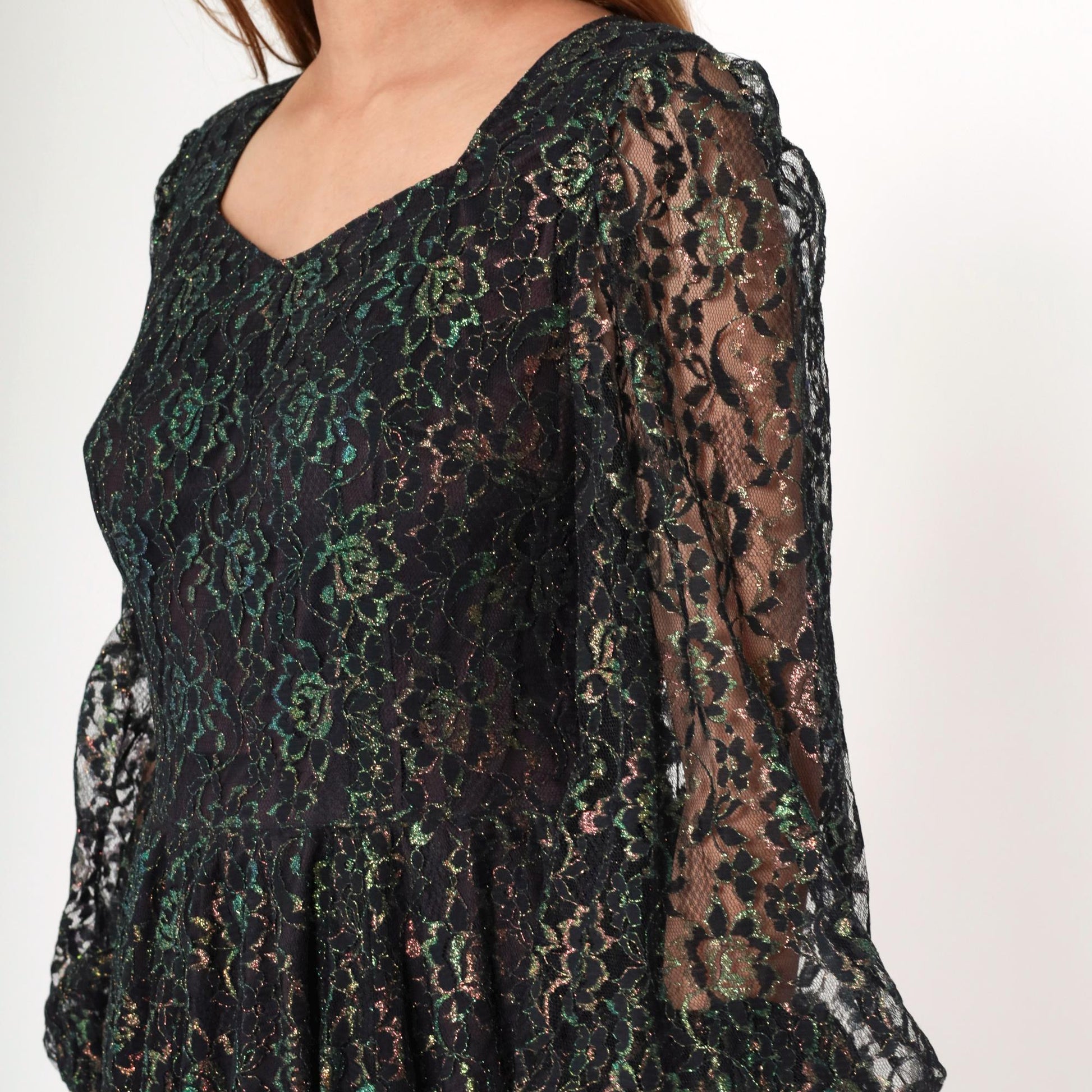 1960s Black Iridescent Lace Dress Sheer Sleeves High Waist Knee Length Medium M
