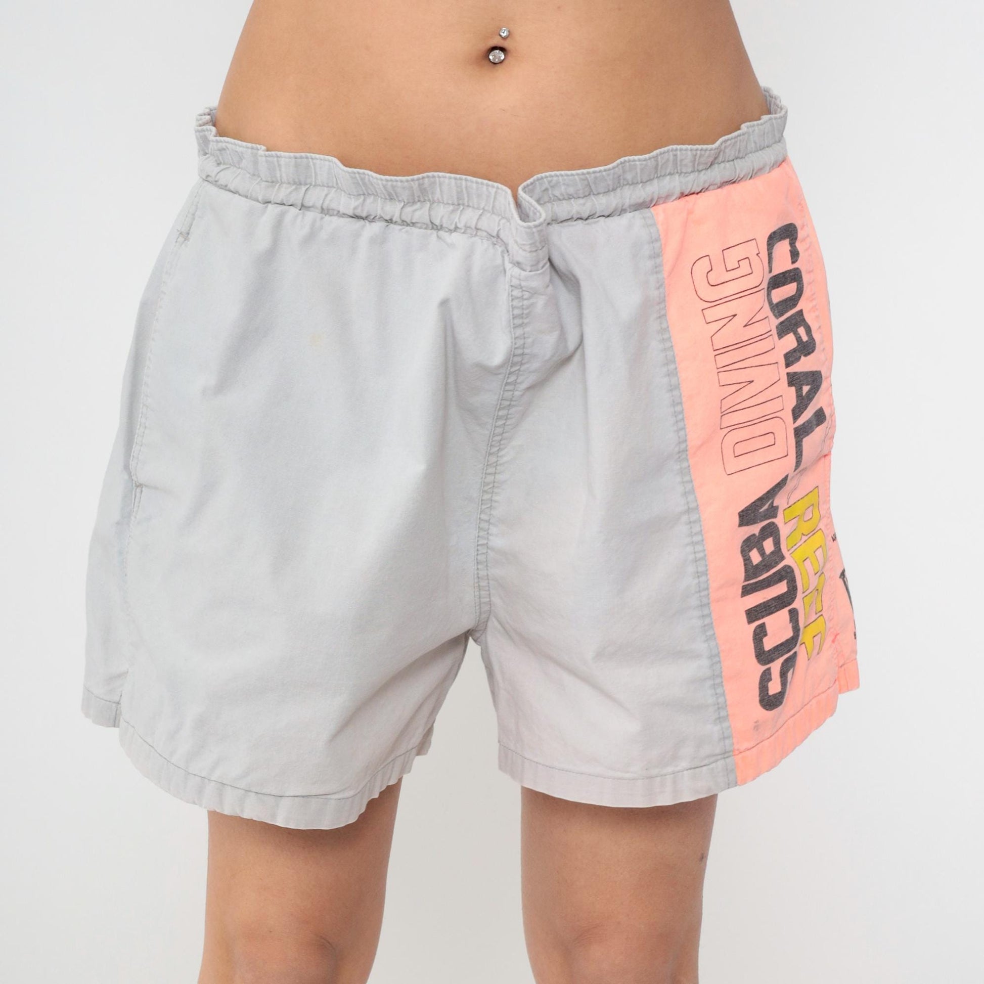 90s Morro Bay Swim Trunks Scuba Diving Philippines Map Coral Grey Cotton Extra Large XL