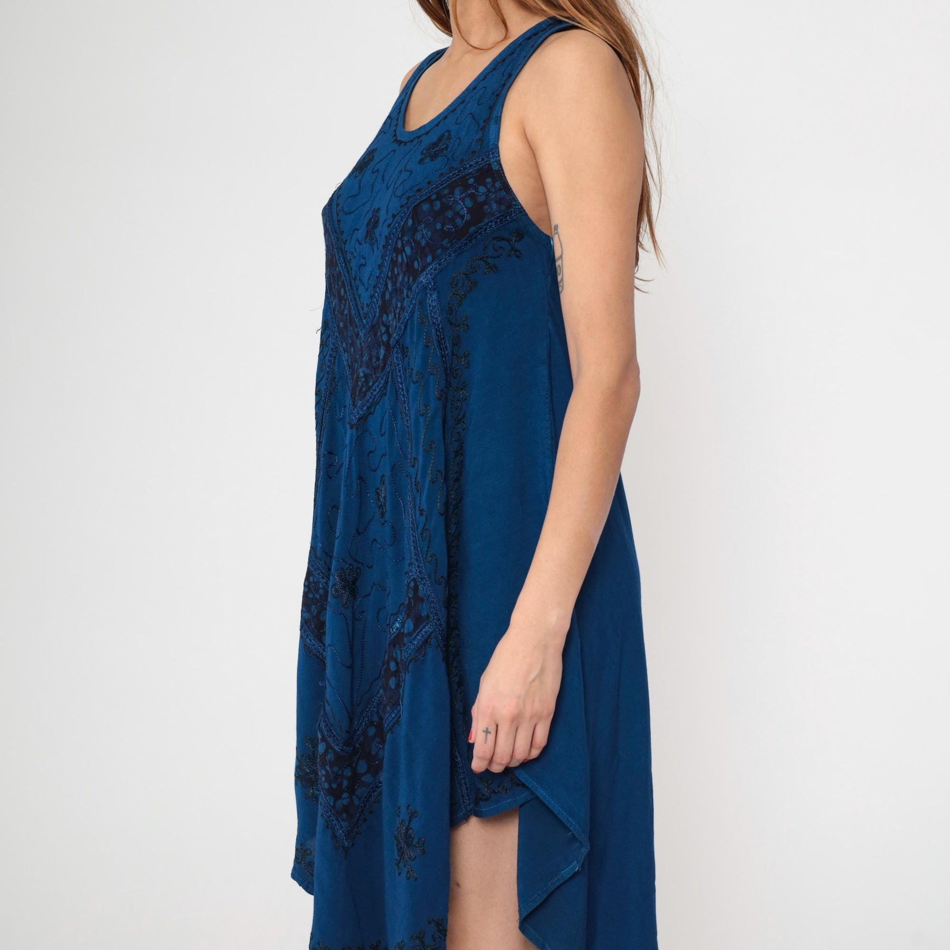 Y2K Dark Blue Embroidered Sundress Asymmetrical Hem Trapeze Cut Medium M