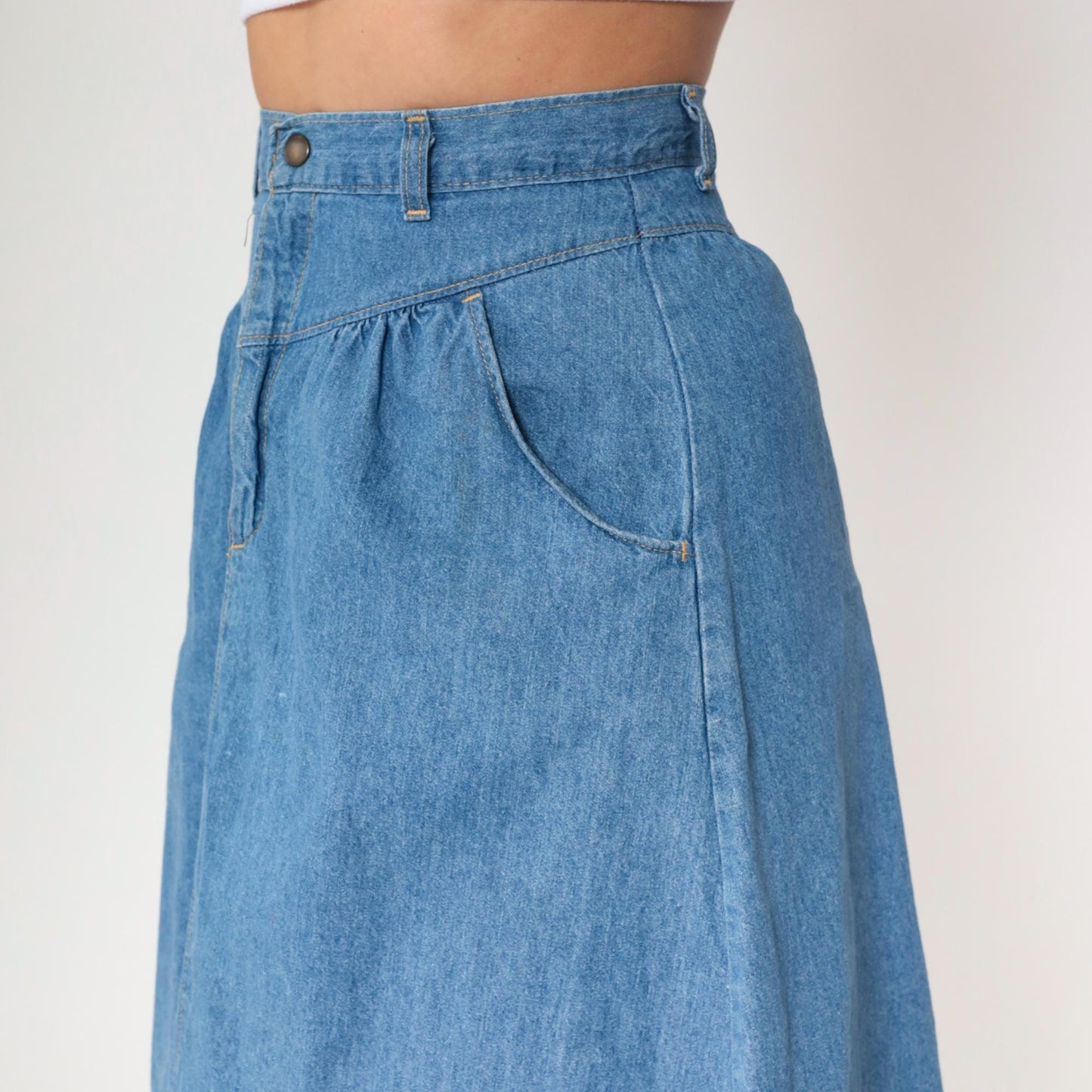 80s Western Denim Mini Skirt High Waist Gathered Yoke Blue Small S