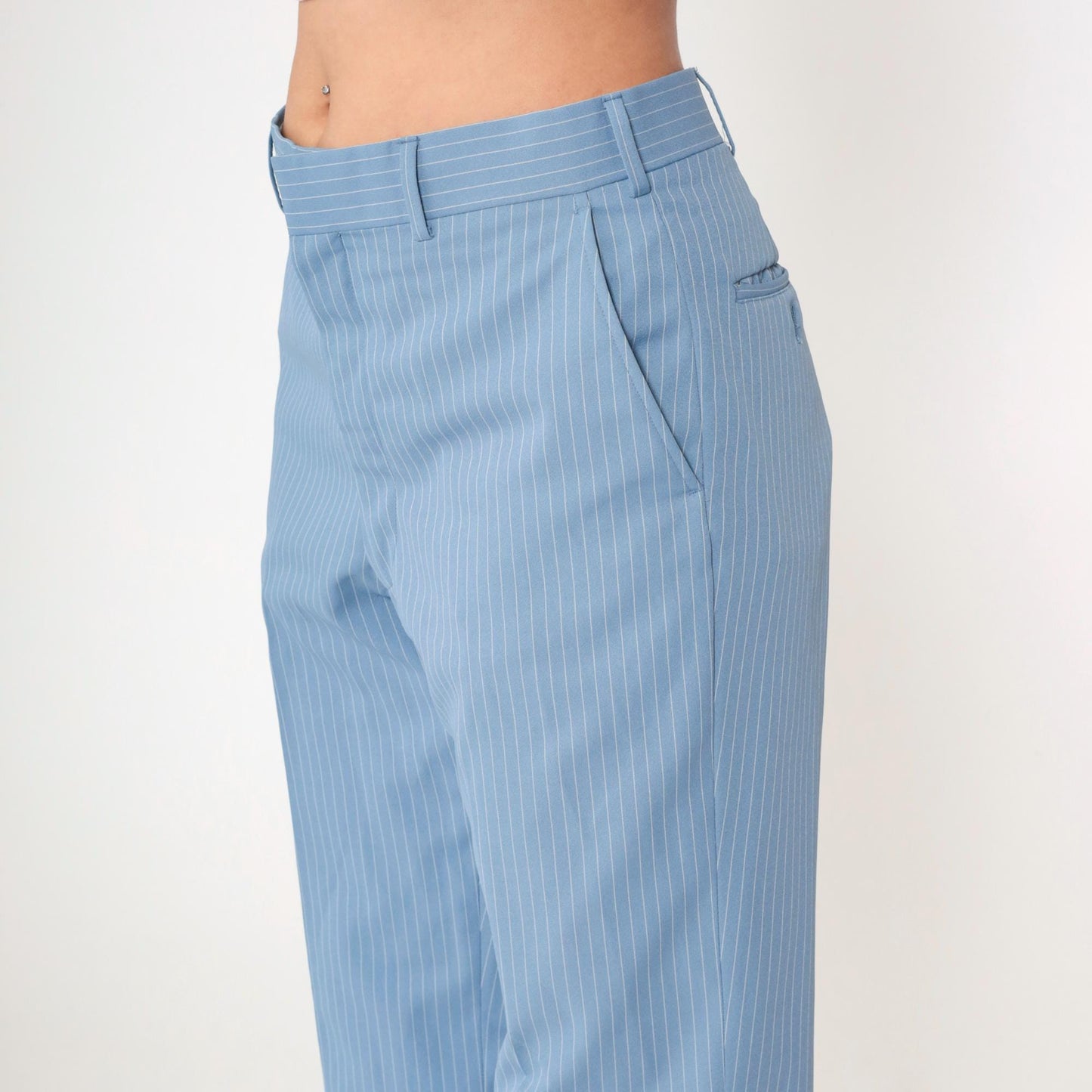 70s Blue Pinstripe Straight Leg Trousers High Waist White Stripes Men's Medium 32