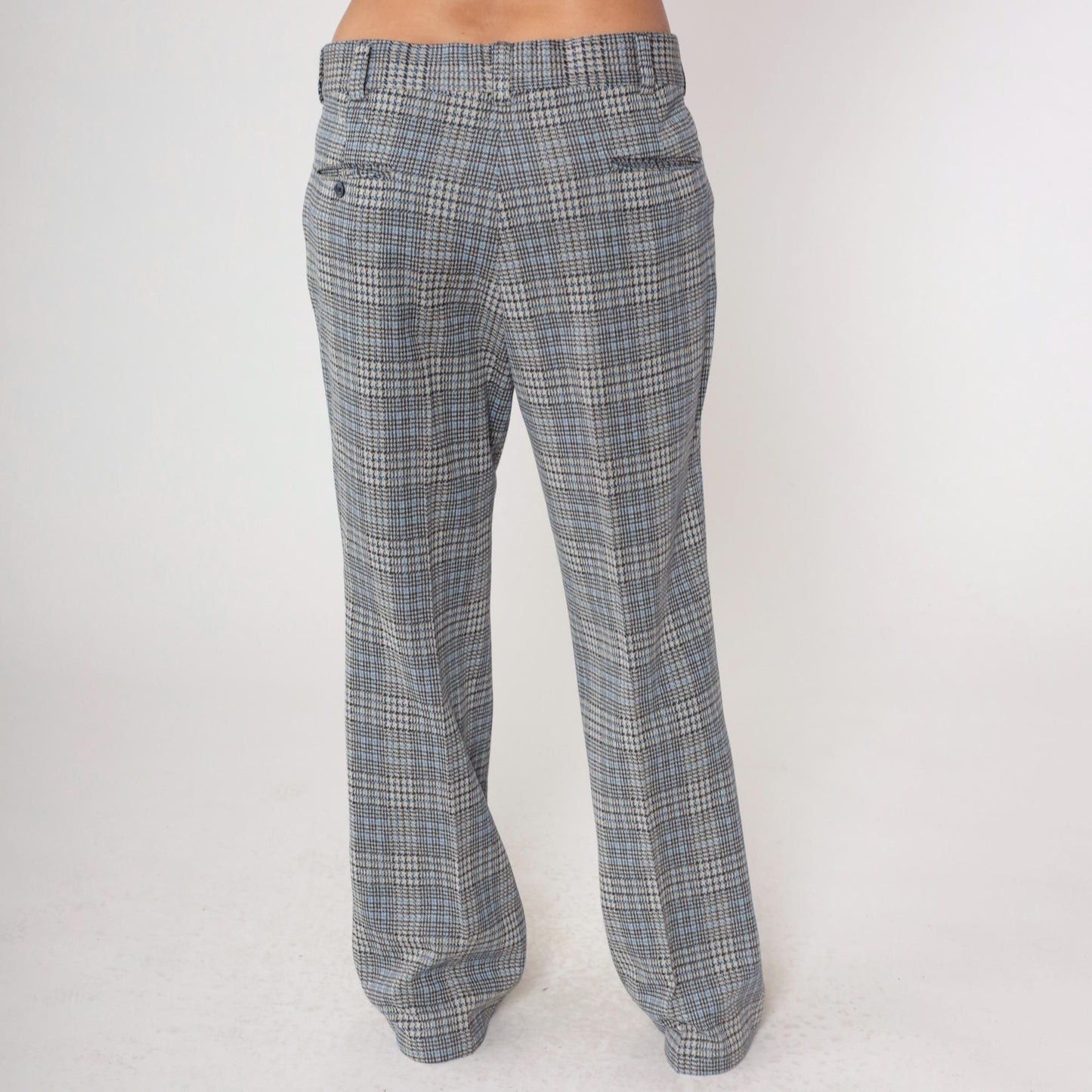 70s Navy Plaid Bell Bottom Trousers High Waisted Flared Pants Large 36