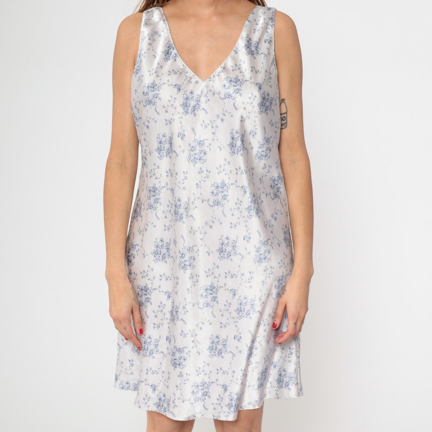 90s White Satin Slip Dress Blue Floral Bouquet Print Mini V-Neck Large L