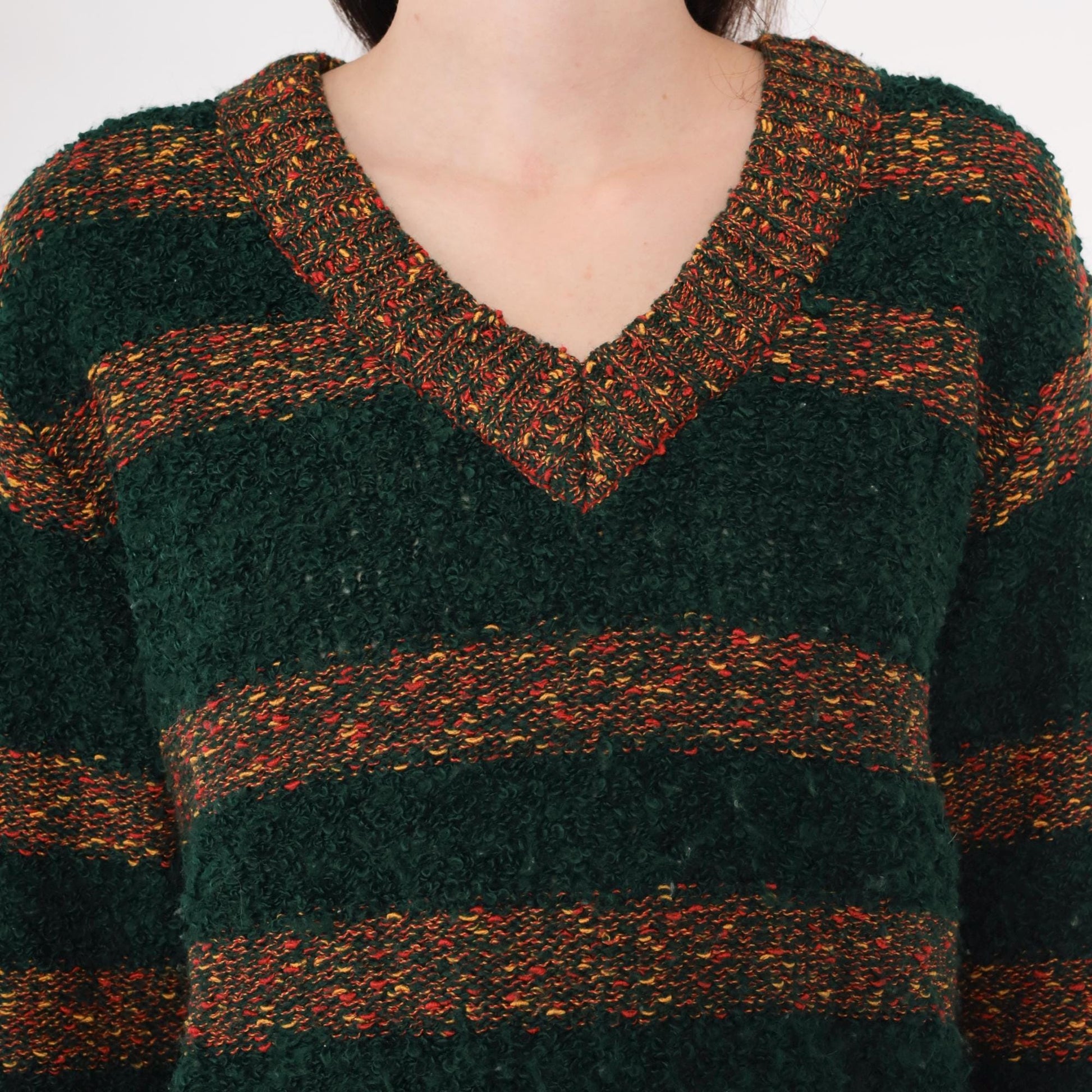80s Left Bank Forest Green Striped Slub Knit Sweater V-Neck Medium M