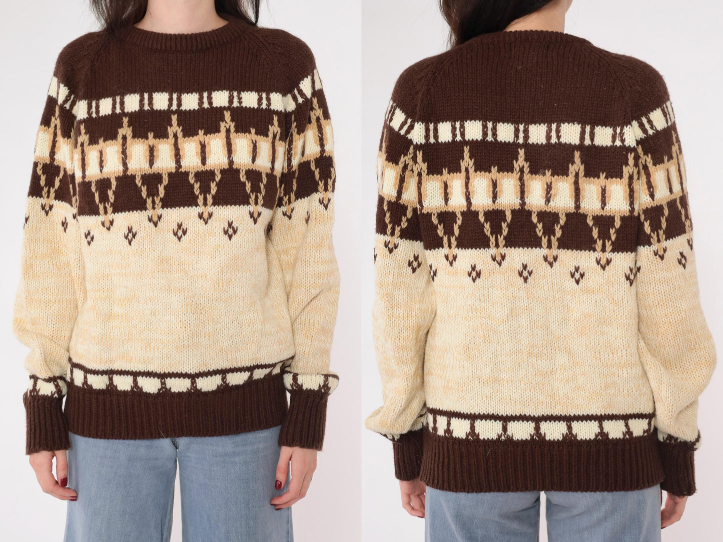 80s Nordic Geometric Knit Sweater Brown Cream Marled Pullover Medium