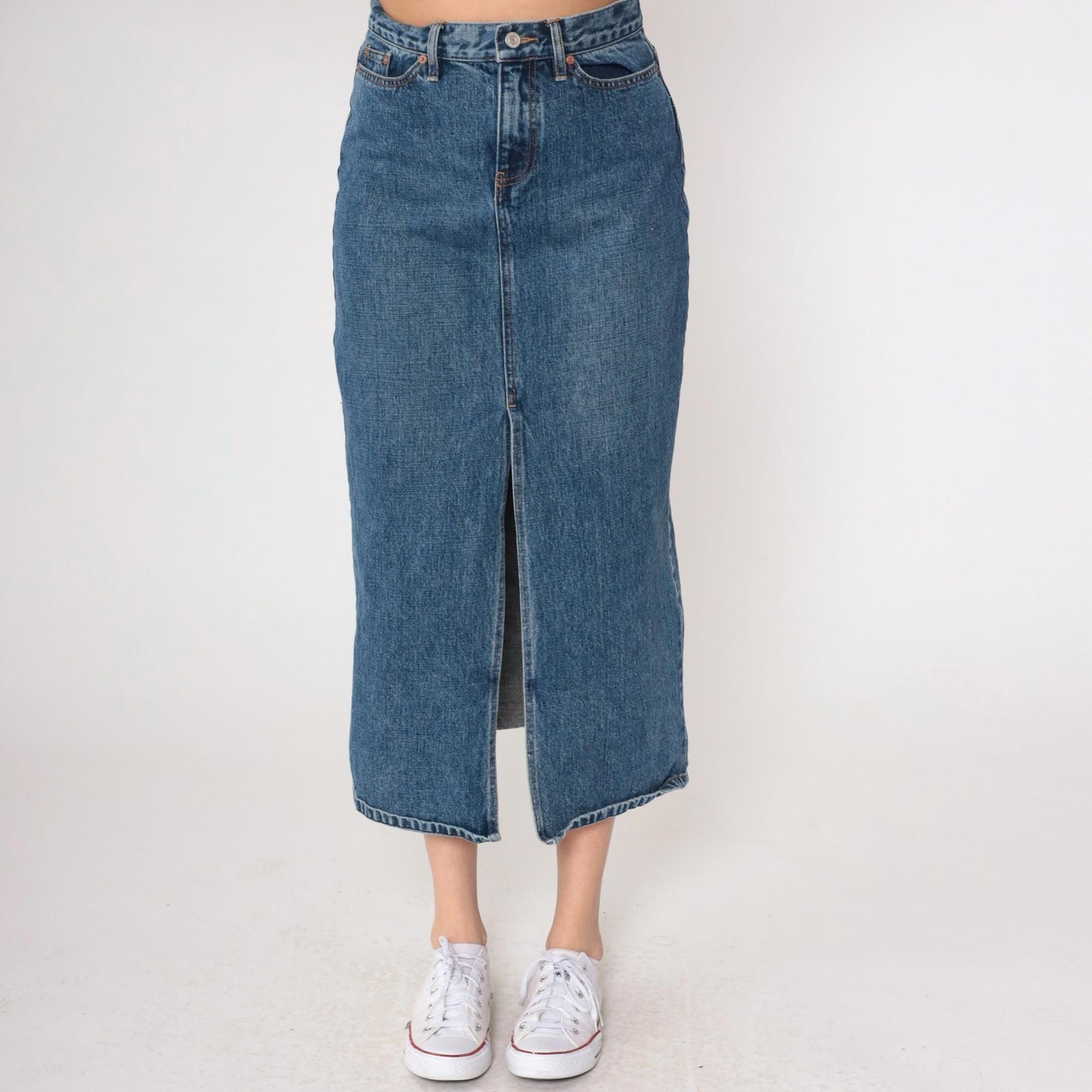 Y2K Gap Denim Midi Skirt High Front Slit Blue Jean Small 4