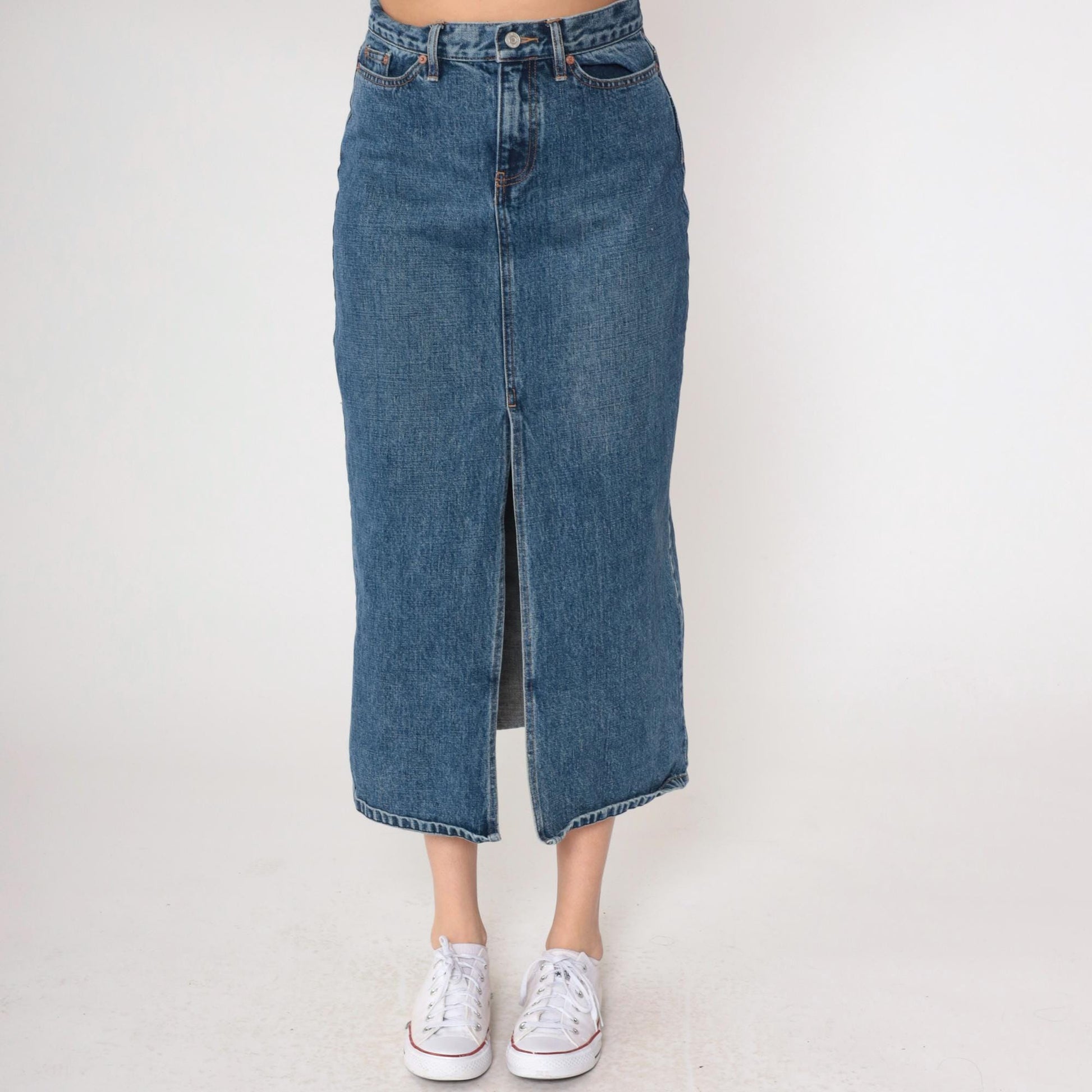 Y2K Gap Denim Midi Skirt High Front Slit Blue Jean Small 4