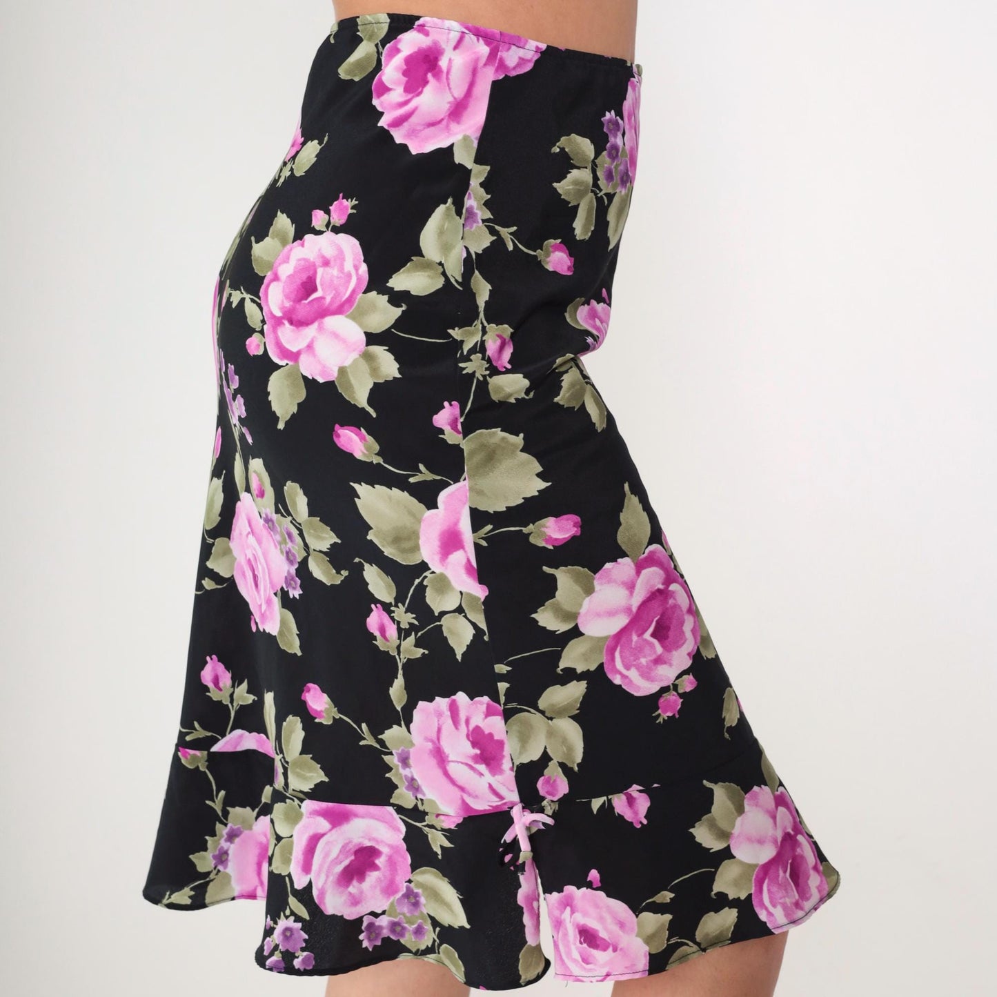 90s Black Floral Midi Skirt Fuchsia Pink Print Ruffled Hem Medium