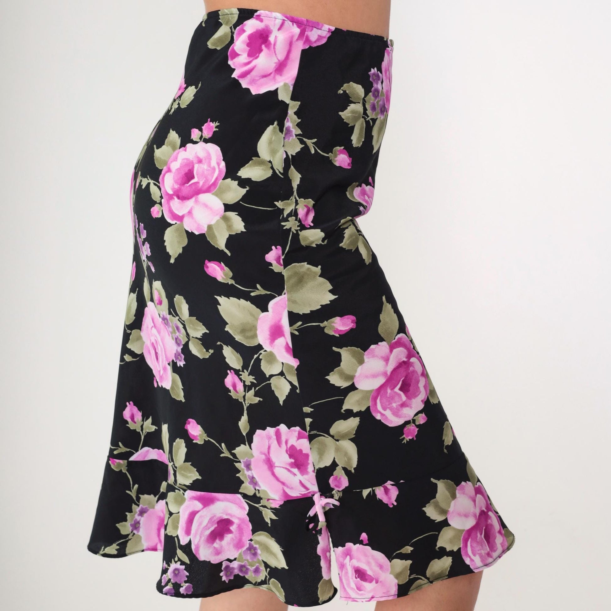 90s Black Floral Midi Skirt Fuchsia Pink Print Ruffled Hem Medium