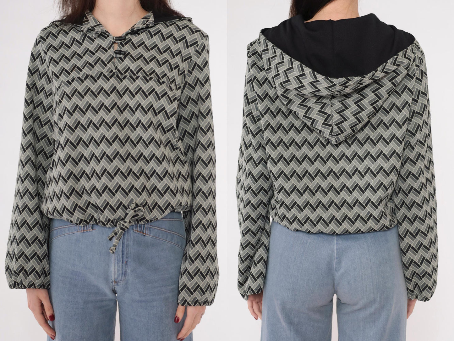 70s Geometric Print Hooded Pullover Grey Black Toggle Drawstring Medium