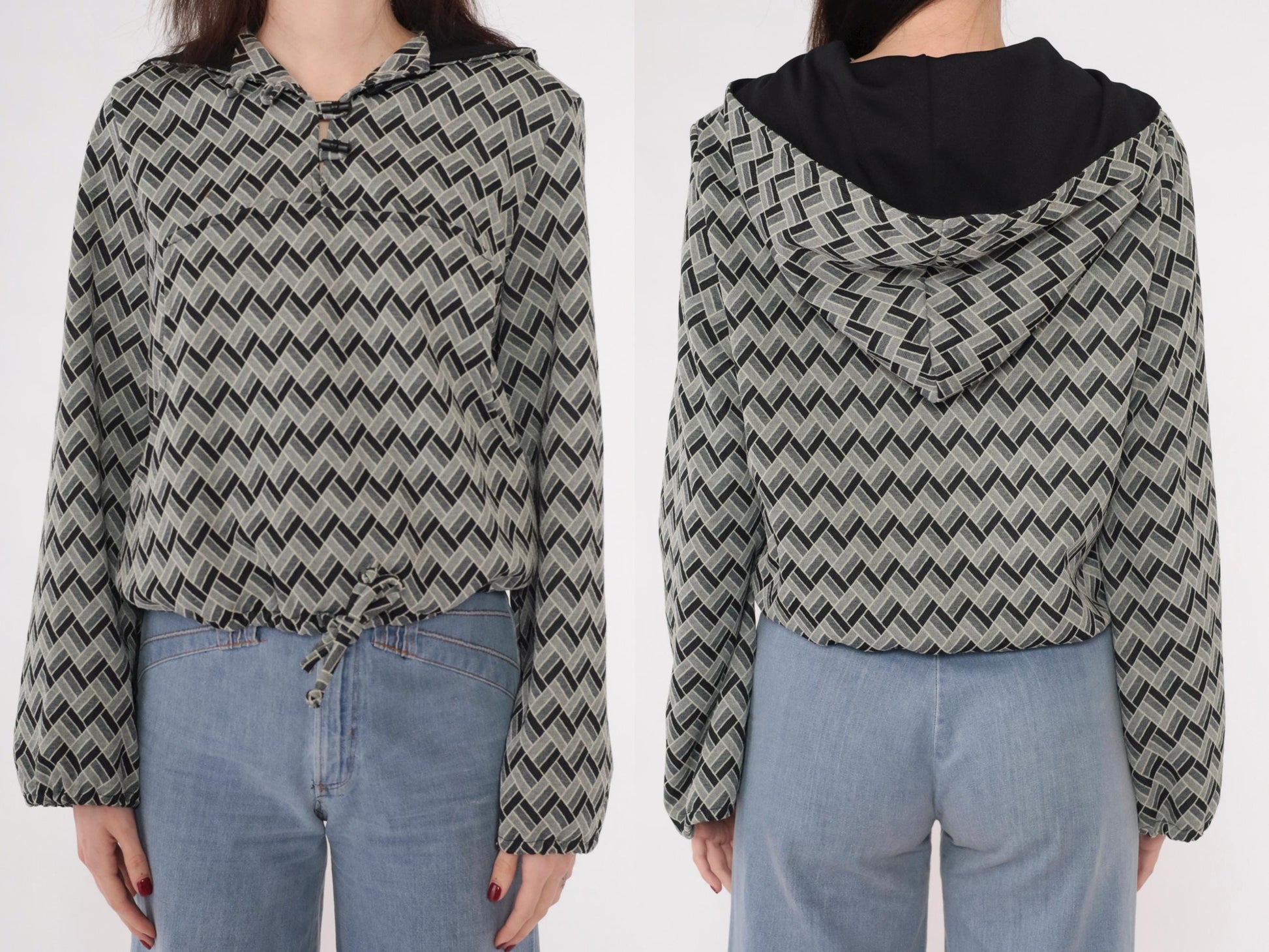 70s Geometric Print Hooded Pullover Grey Black Toggle Drawstring Medium
