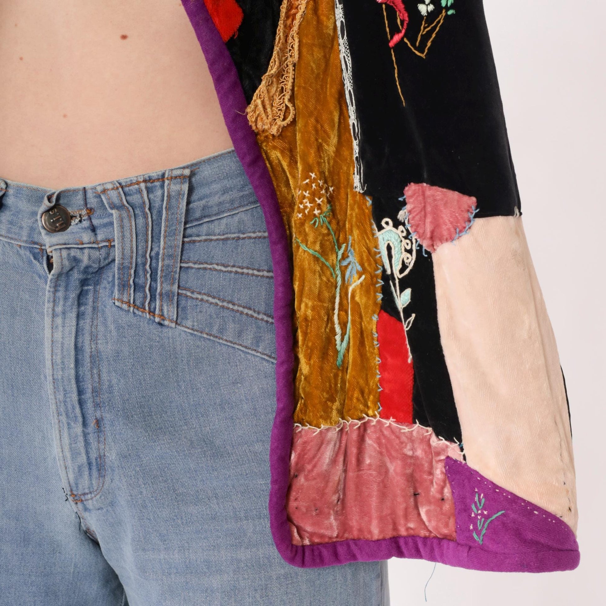 70s Velvet Patchwork Vest Embroidered Floral Bird Lace Trim Red Black Medium Large