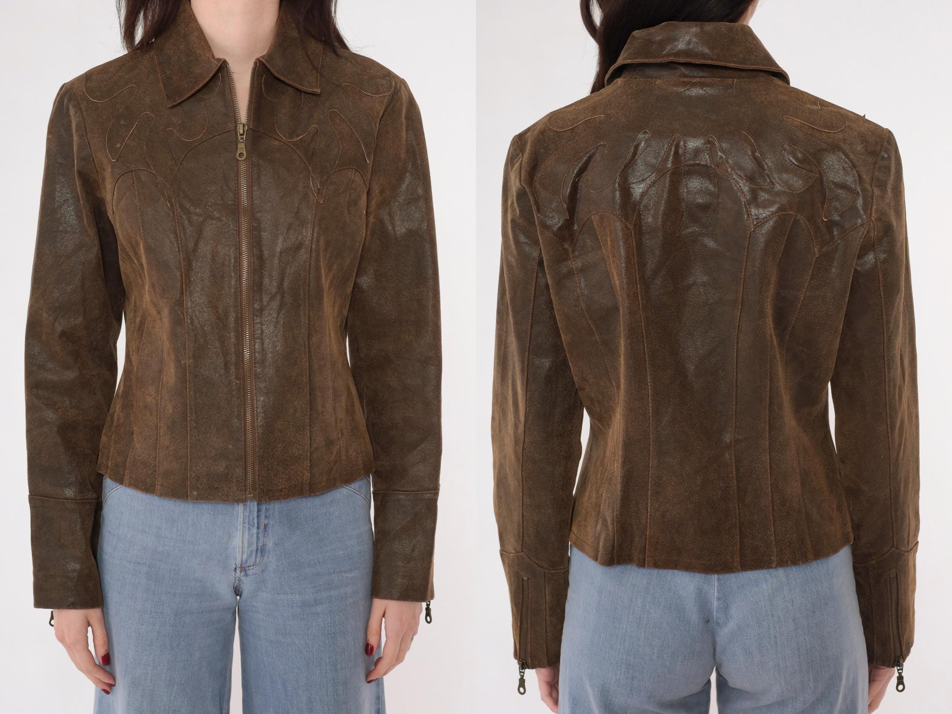 Y2K Brown Leather Moto Jacket Western Flame Applique Fitted Zip Small S