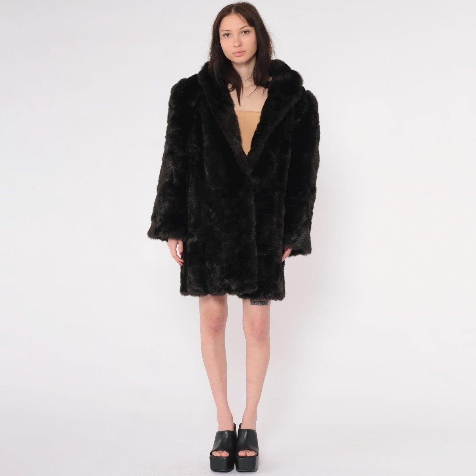 70s Dark Brown Faux Fur Coat Single Button Vintage Seventies Large L