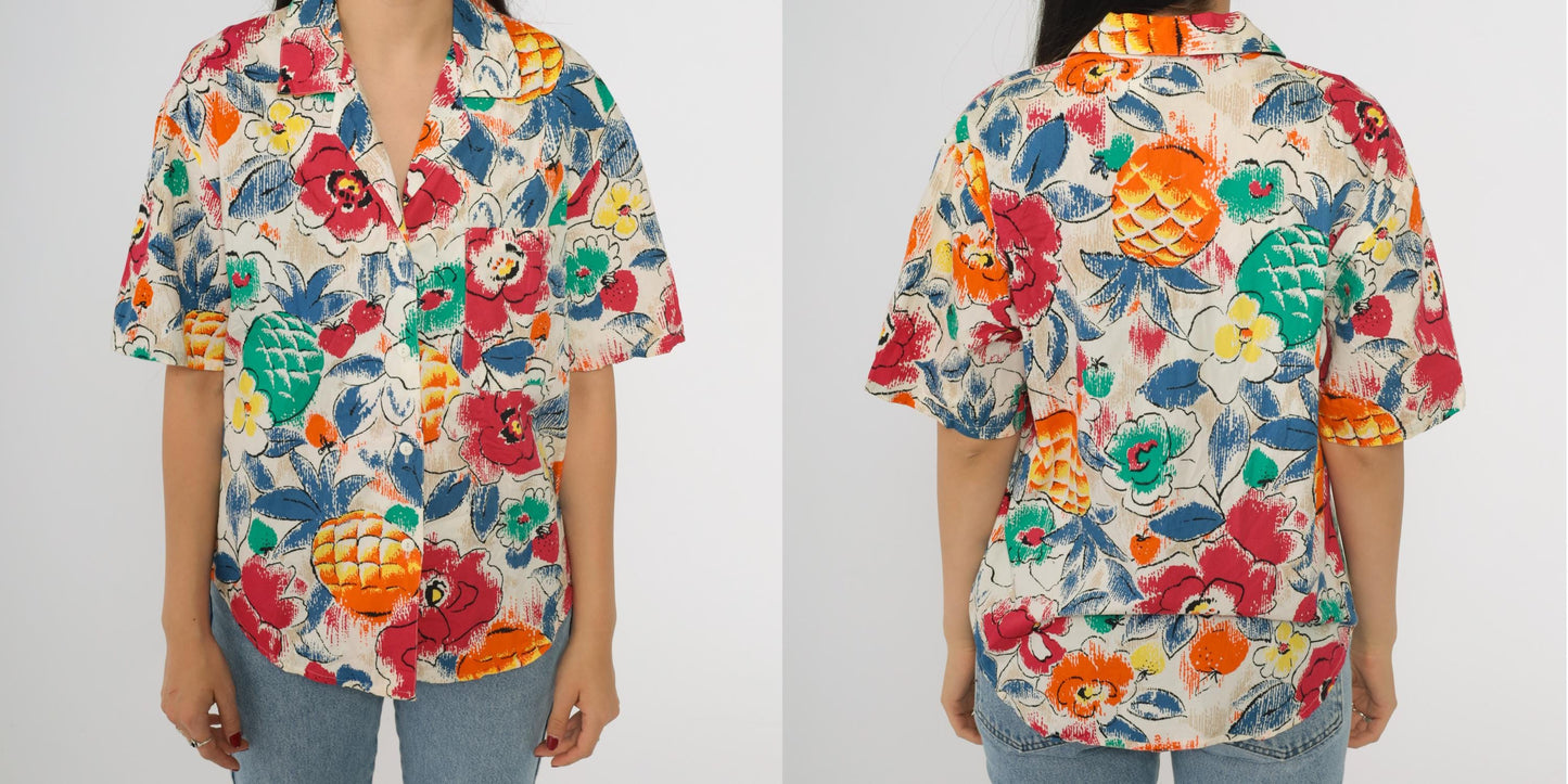 90s Pineapple Floral Print Button Up Blouse Short Sleeve White Red Medium M