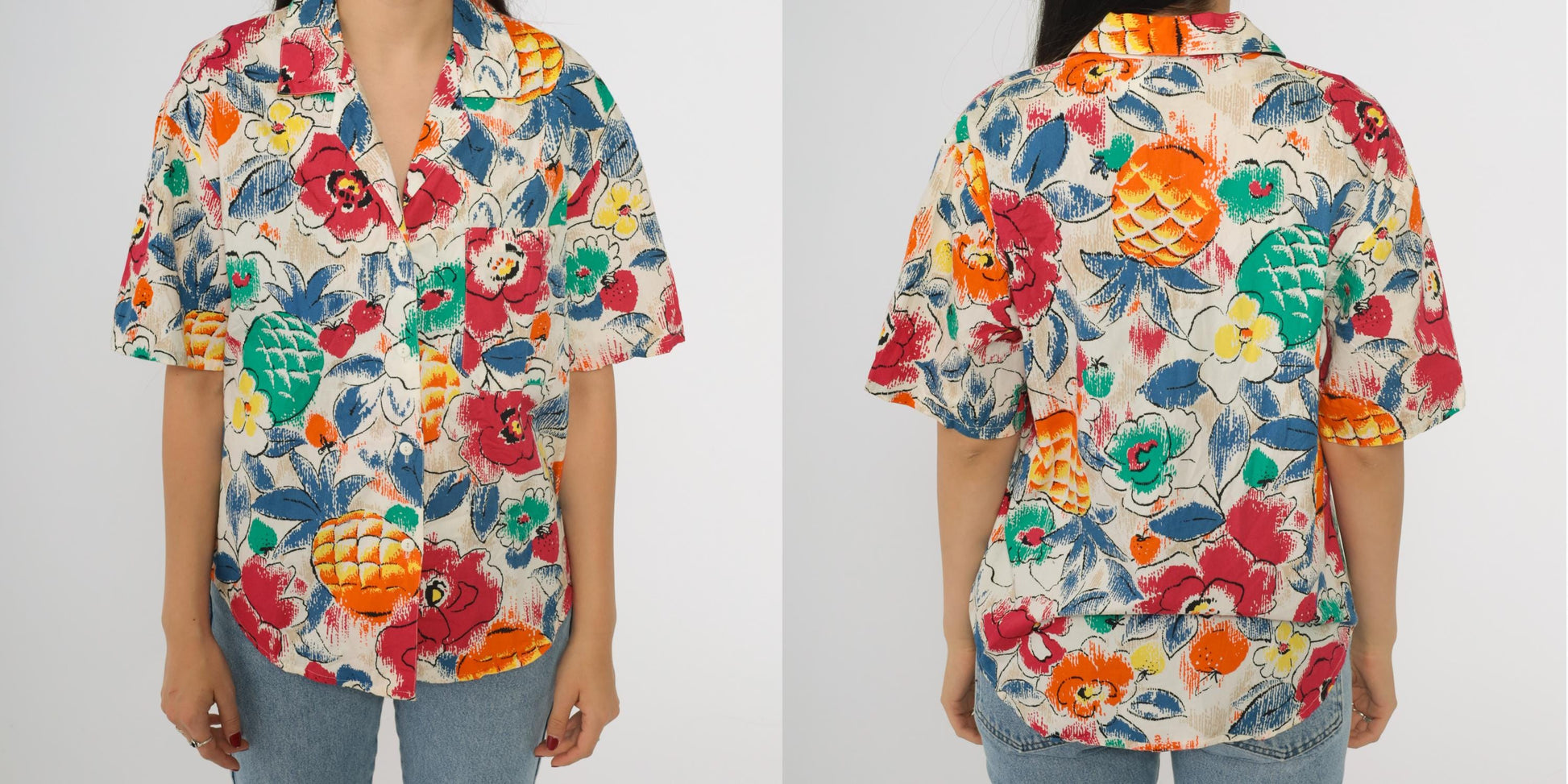 90s Pineapple Floral Print Button Up Blouse Short Sleeve White Red Medium M