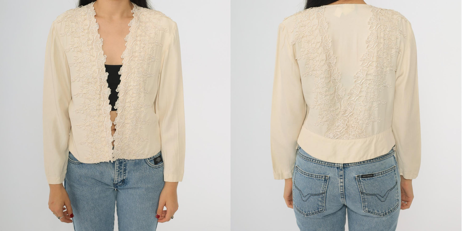 90s Wild Rose Cream Cardigan Floral Embroidered Lace Trim Long Sleeve Medium