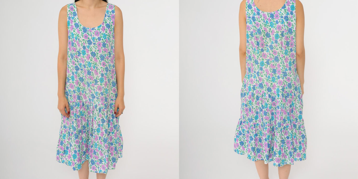 80s Floral Midi Dress White Blue Purple Tiered Drop Waist Sleeveless Medium