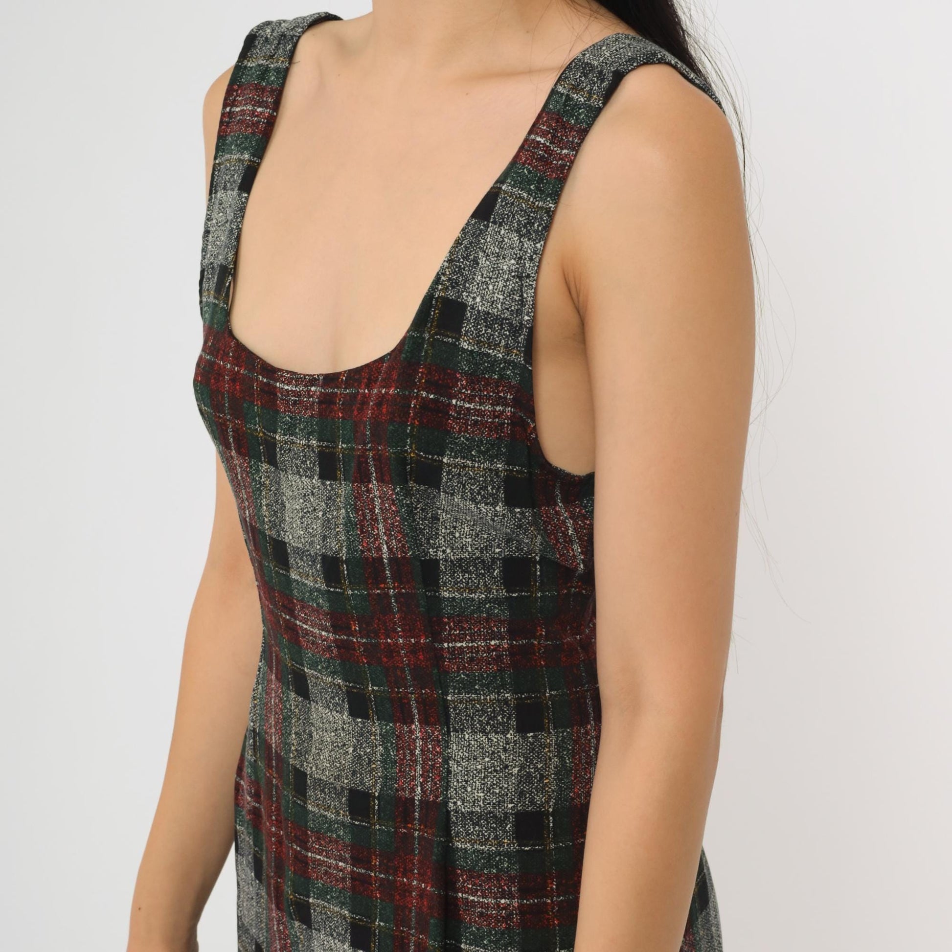 90s Plaid Sheath Dress Backless Grey Checkered Mini Sleeveless Small
