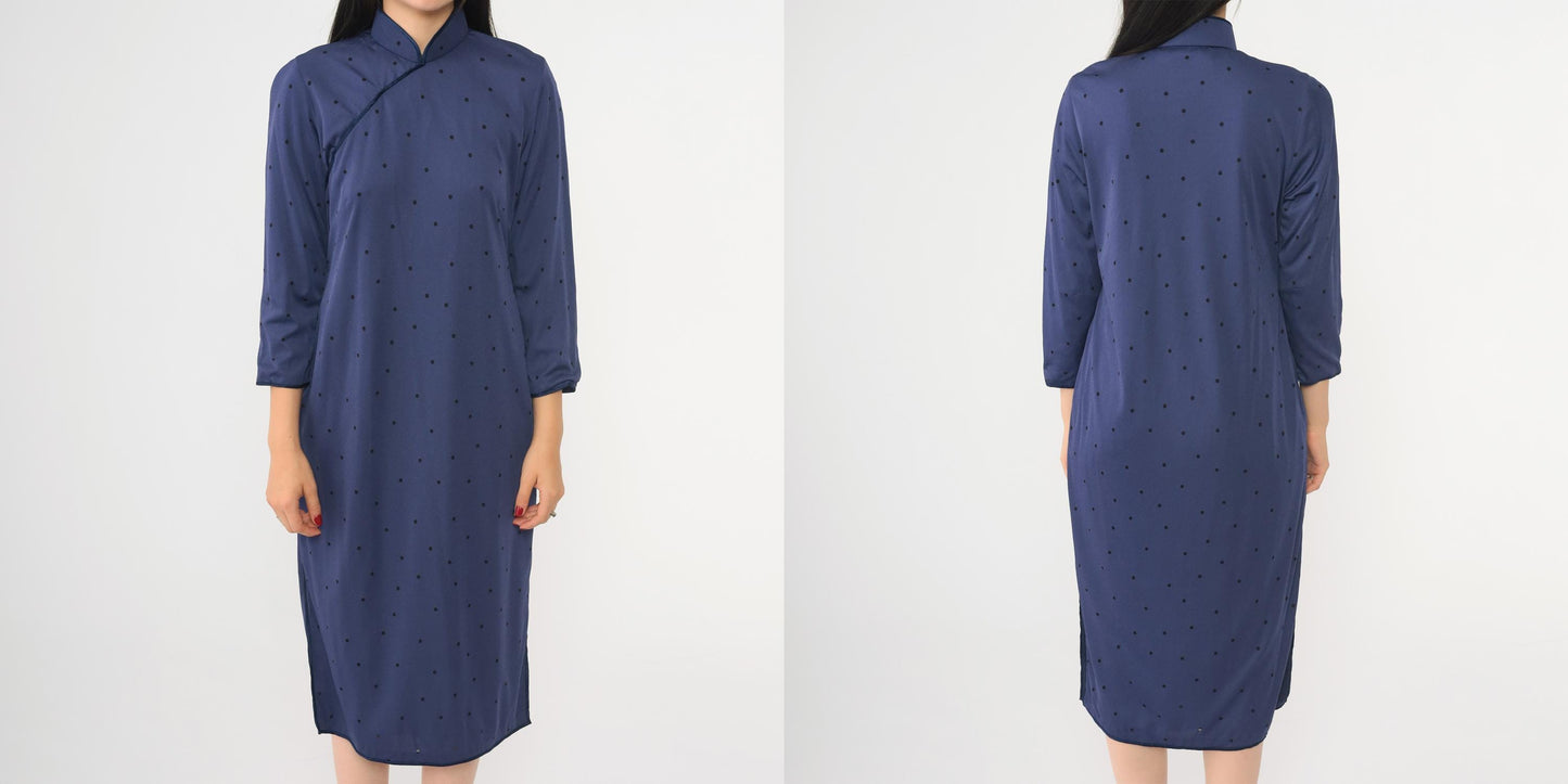 80s Navy Polka Dot Cheongsam Midi Dress Mandarin Collar Side Slit Medium M