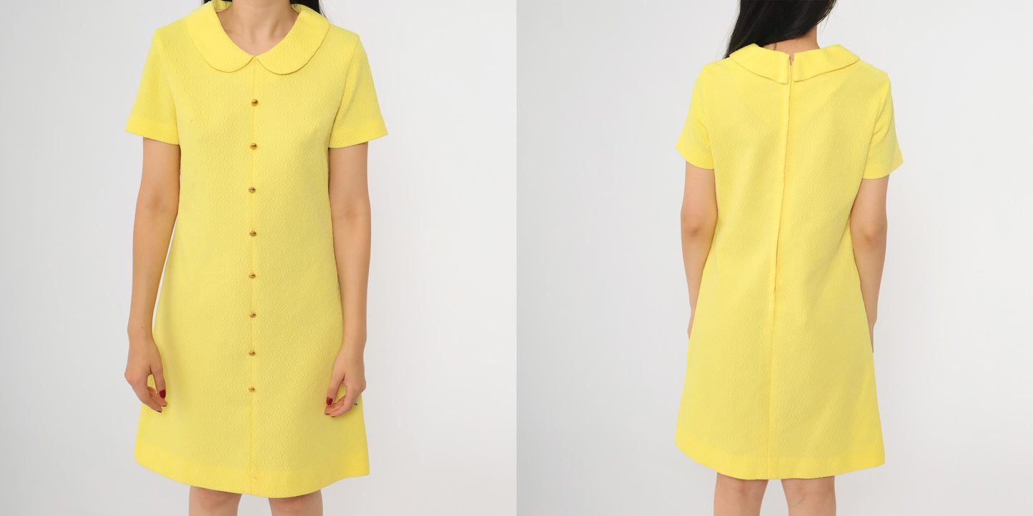 60s Yellow Shift Dress Peter Pan Collar Mini Length Short Sleeve Small