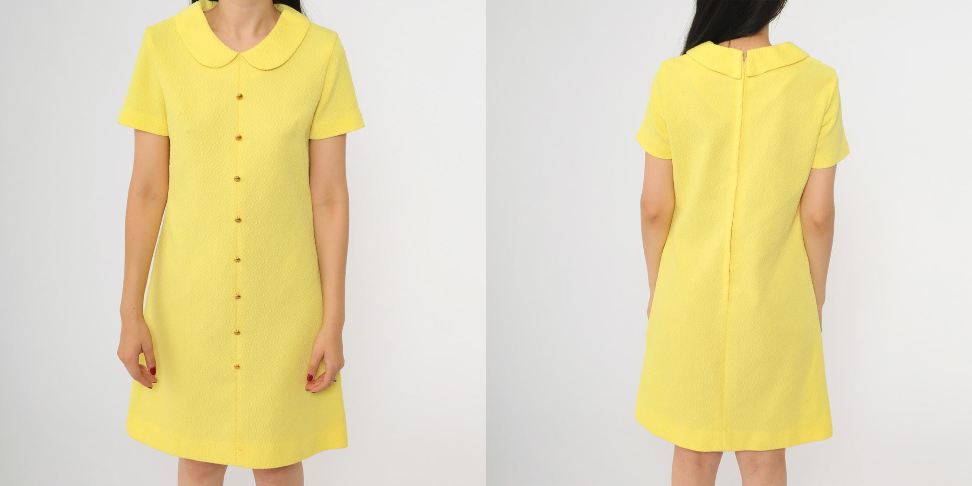60s Yellow Shift Dress Peter Pan Collar Mini Length Short Sleeve Small