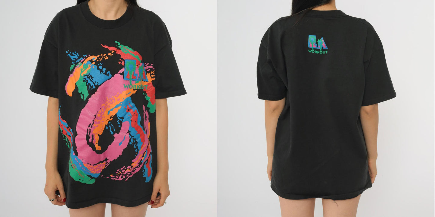 90s LA Workout T-Shirt Black Palm Tree Graphic Anvil Cotton Medium