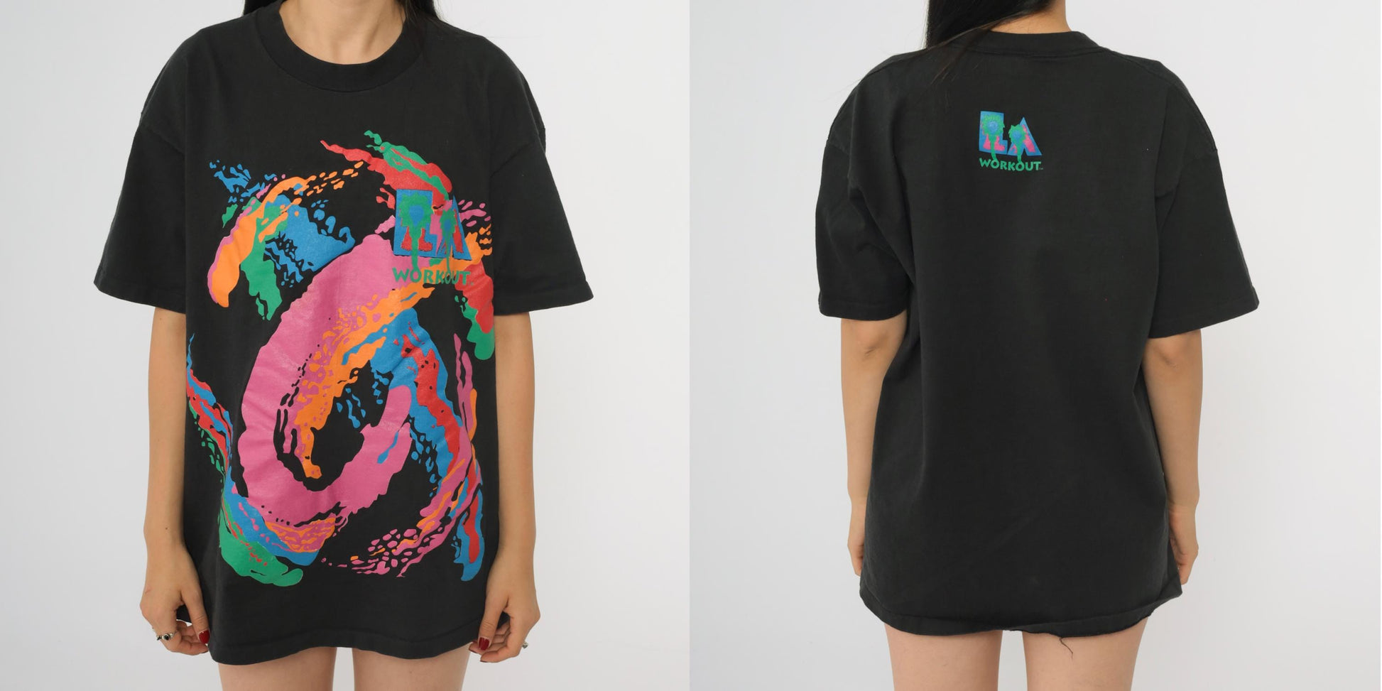 90s LA Workout T-Shirt Black Palm Tree Graphic Anvil Cotton Medium