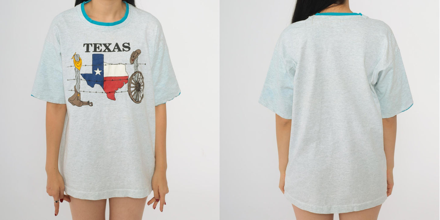 90s Texas Map Flag Graphic T-Shirt Ringer Tee Turquoise Cuffs Grey Medium