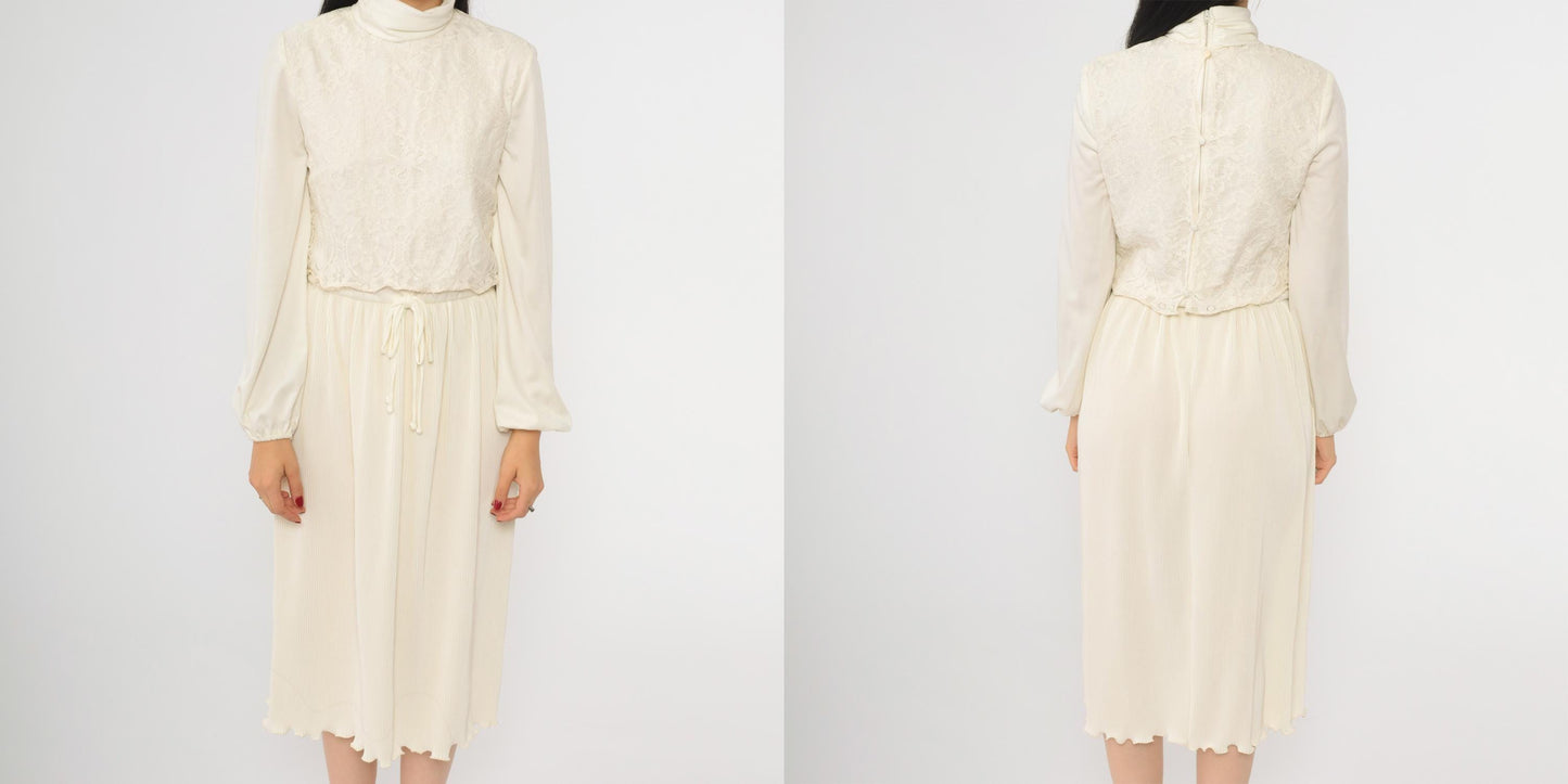 70s Cream Lace Midi Dress Turtleneck Pleated High Waist Long Sleeve Small S