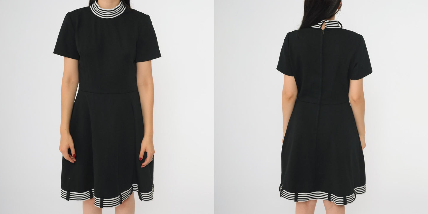 60s Black Mod Shift Dress White Striped Mock Neck Mini Small S