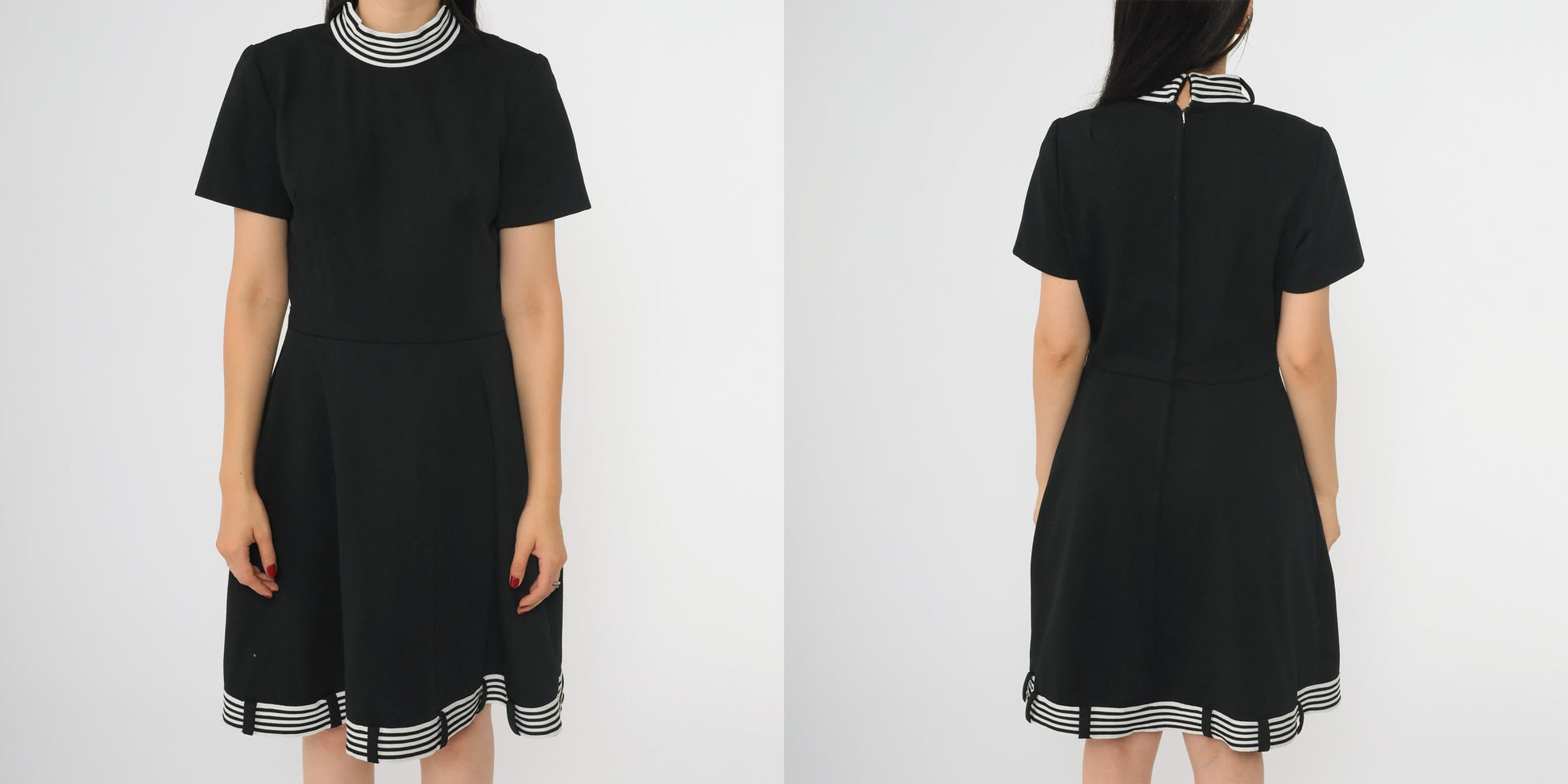 60s Black Mod Shift Dress White Striped Mock Neck Mini Small S
