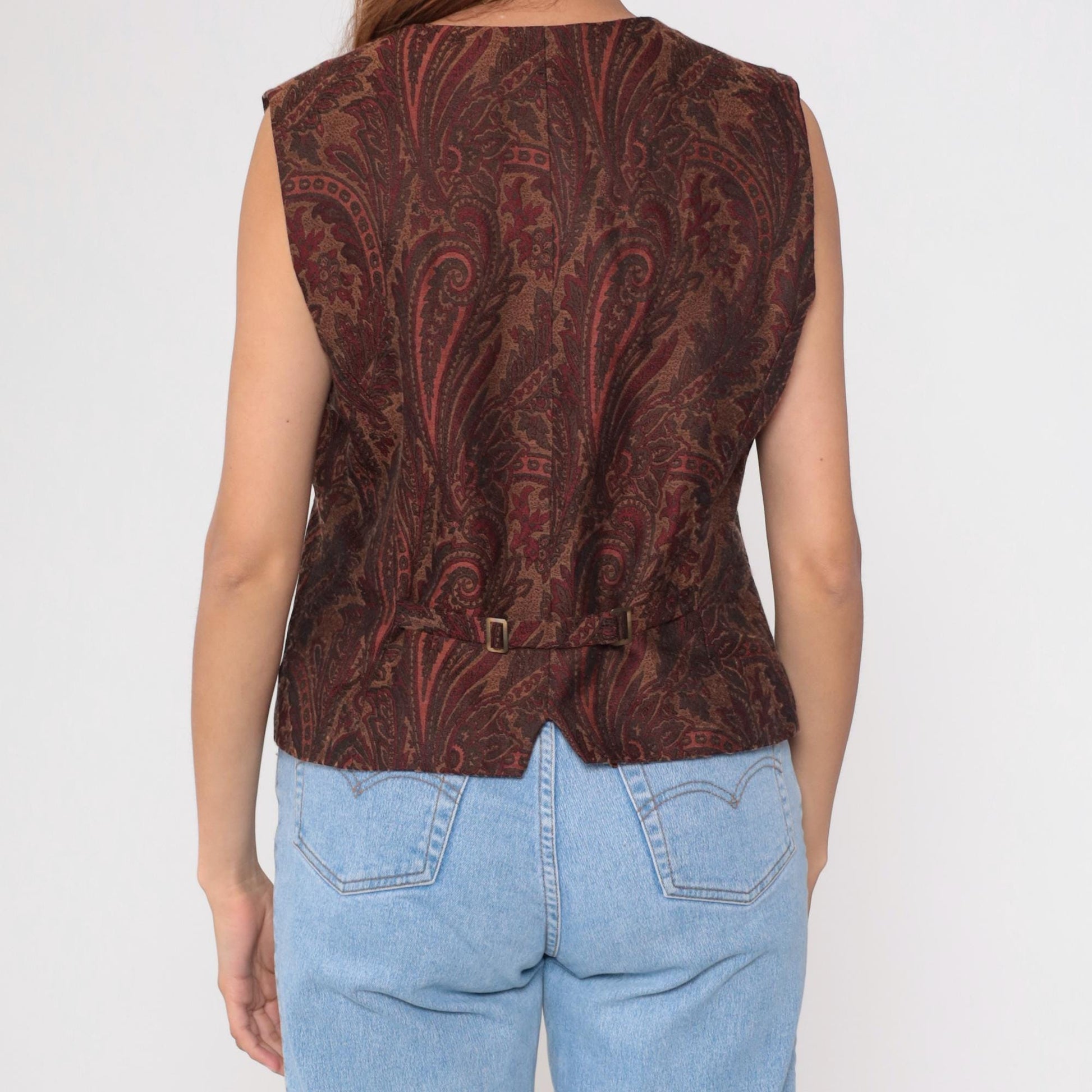 90s Liz Claiborne Paisley Jacquard Vest Button-Up V-Neck Burnt Orange Large