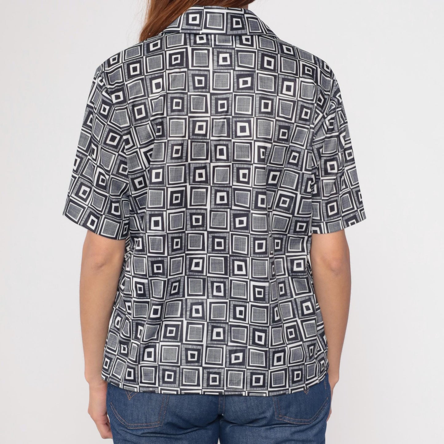 Y2K Geometric Op Art Button-Up Blouse Black White Square Print Large
